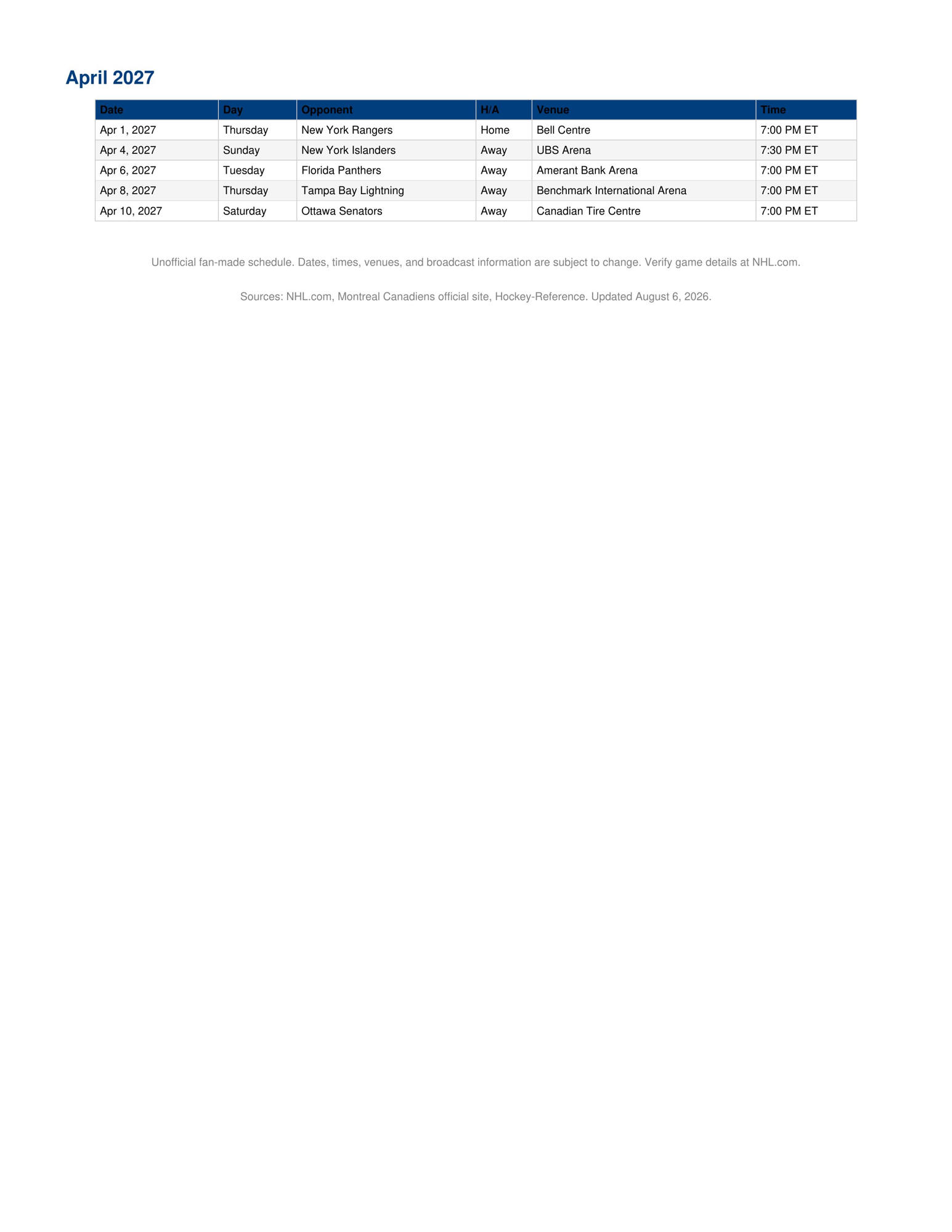 2026-27 Montreal Canadiens Schedule Printable 3
