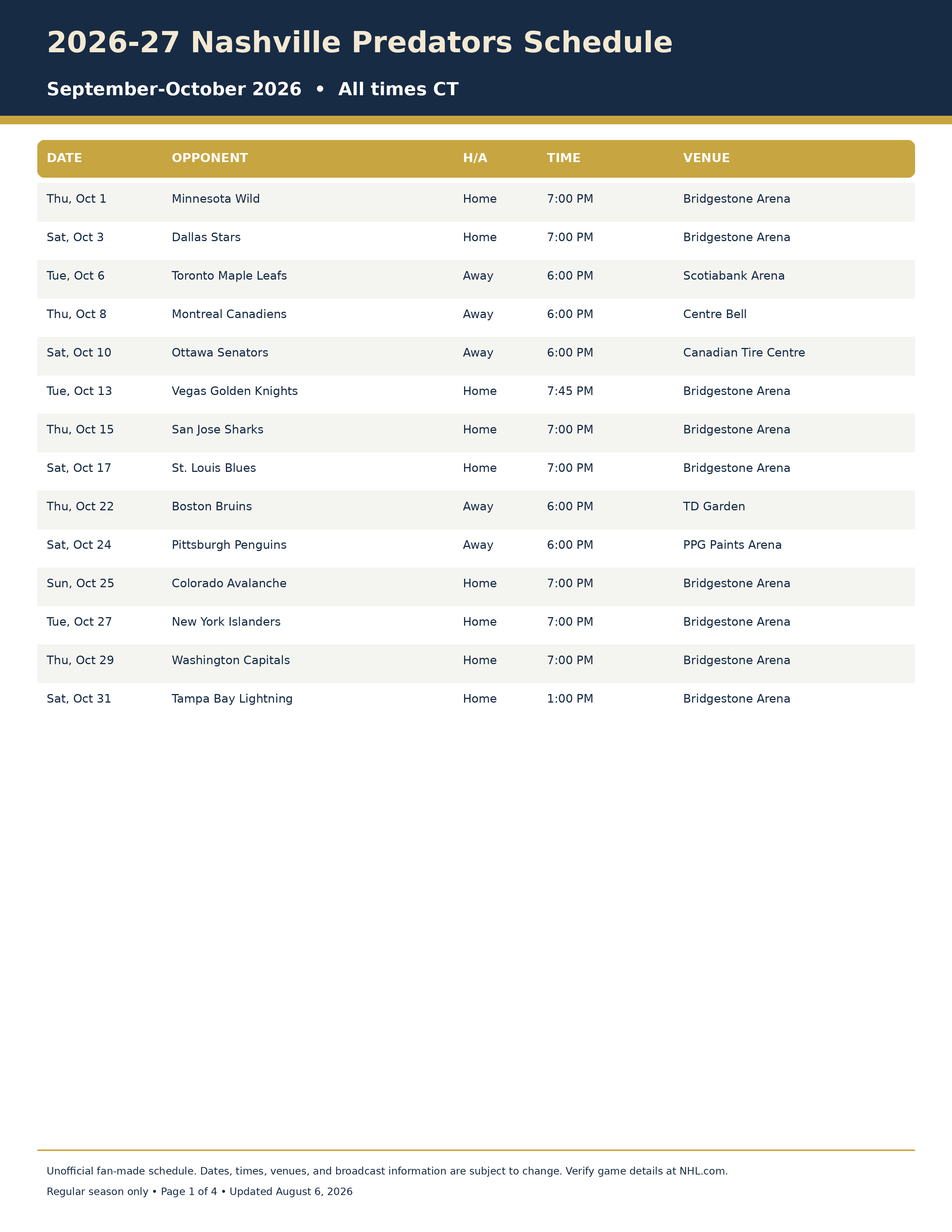 2026-27 Nashville Predators Schedule Printable 1