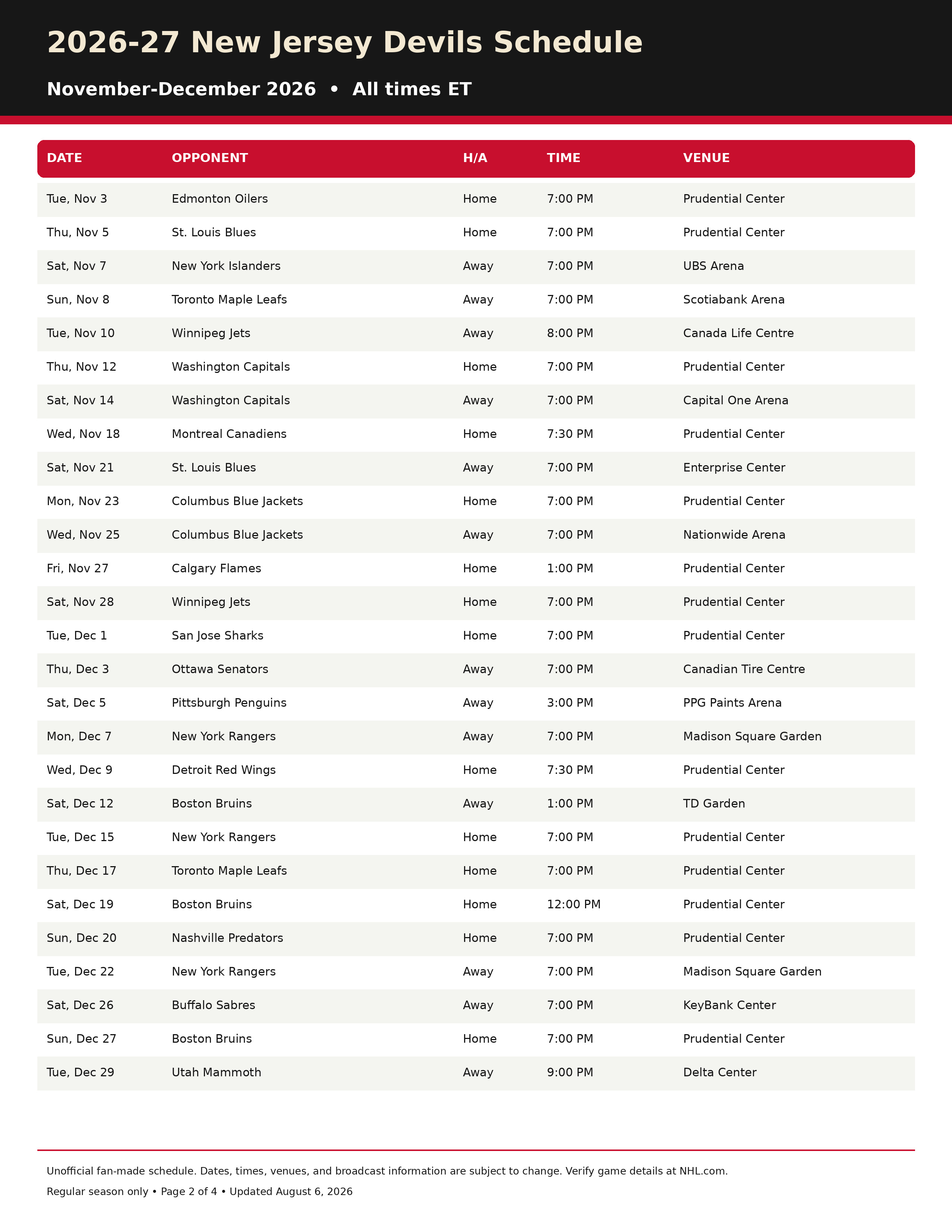 2026-27 New Jersey Devils Schedule Printable 2