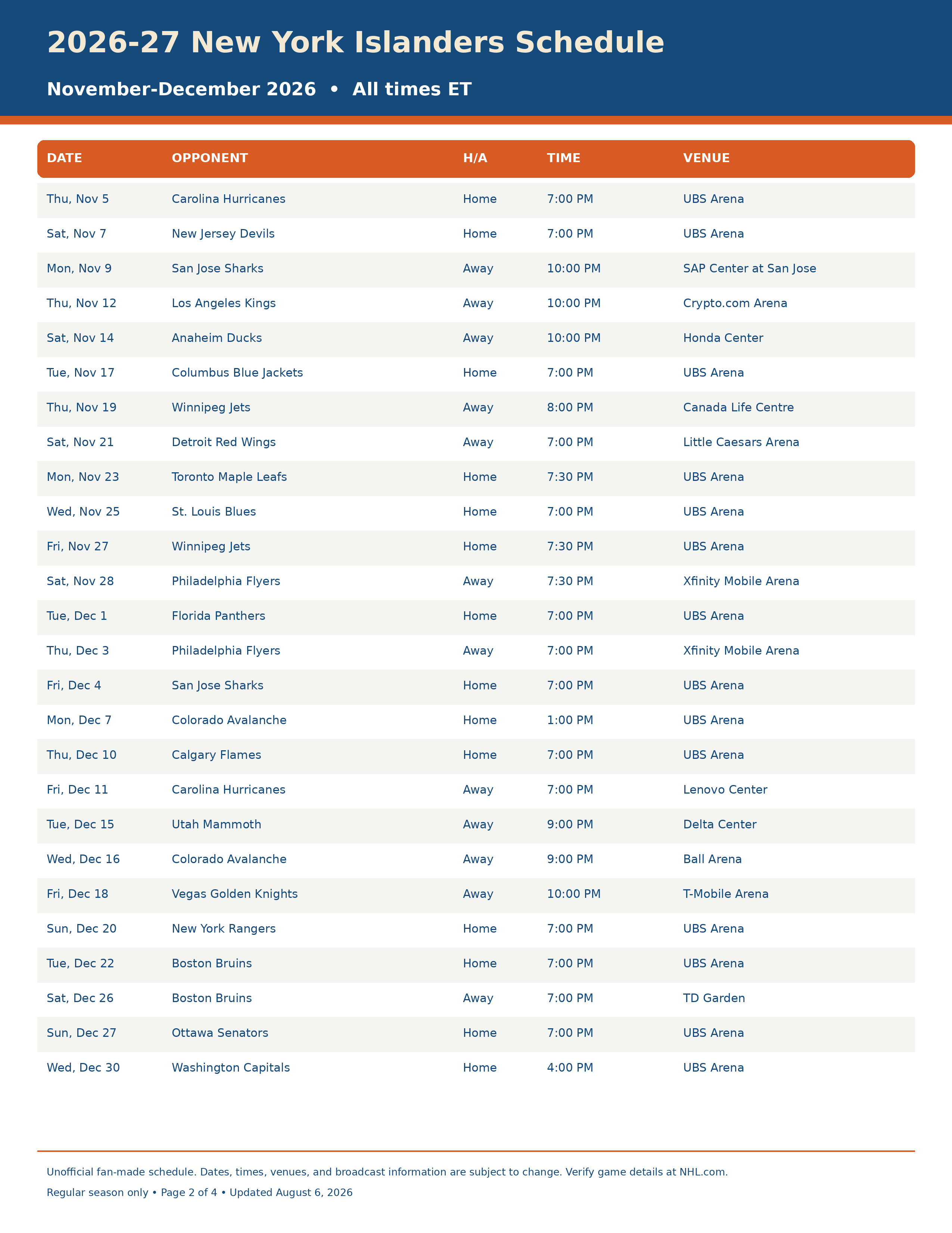2026-27 New York Islanders Schedule Printable 2