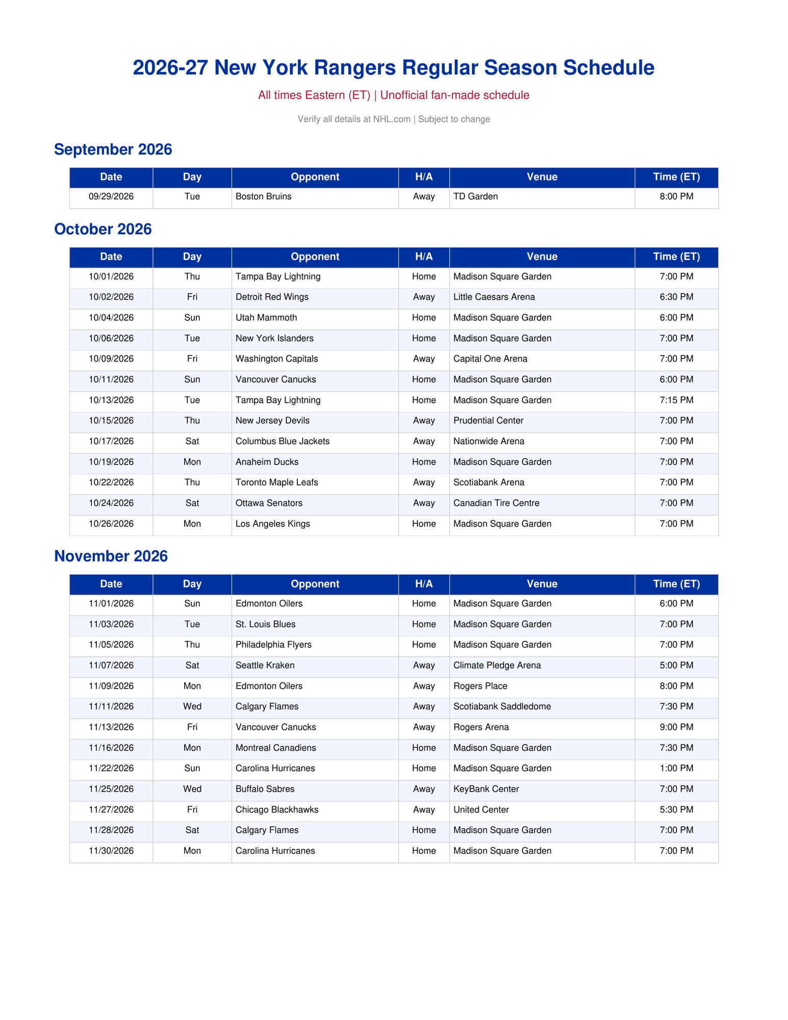 2026-27 New York Rangers Schedule Printable 1