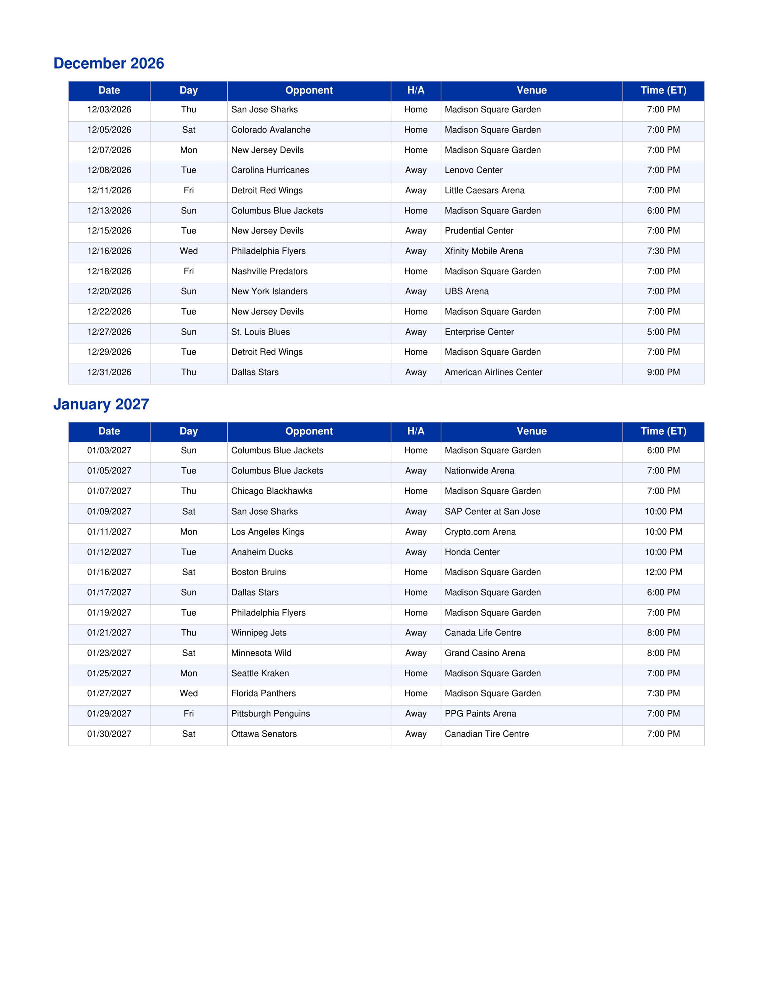 2026-27 New York Rangers Schedule Printable 2