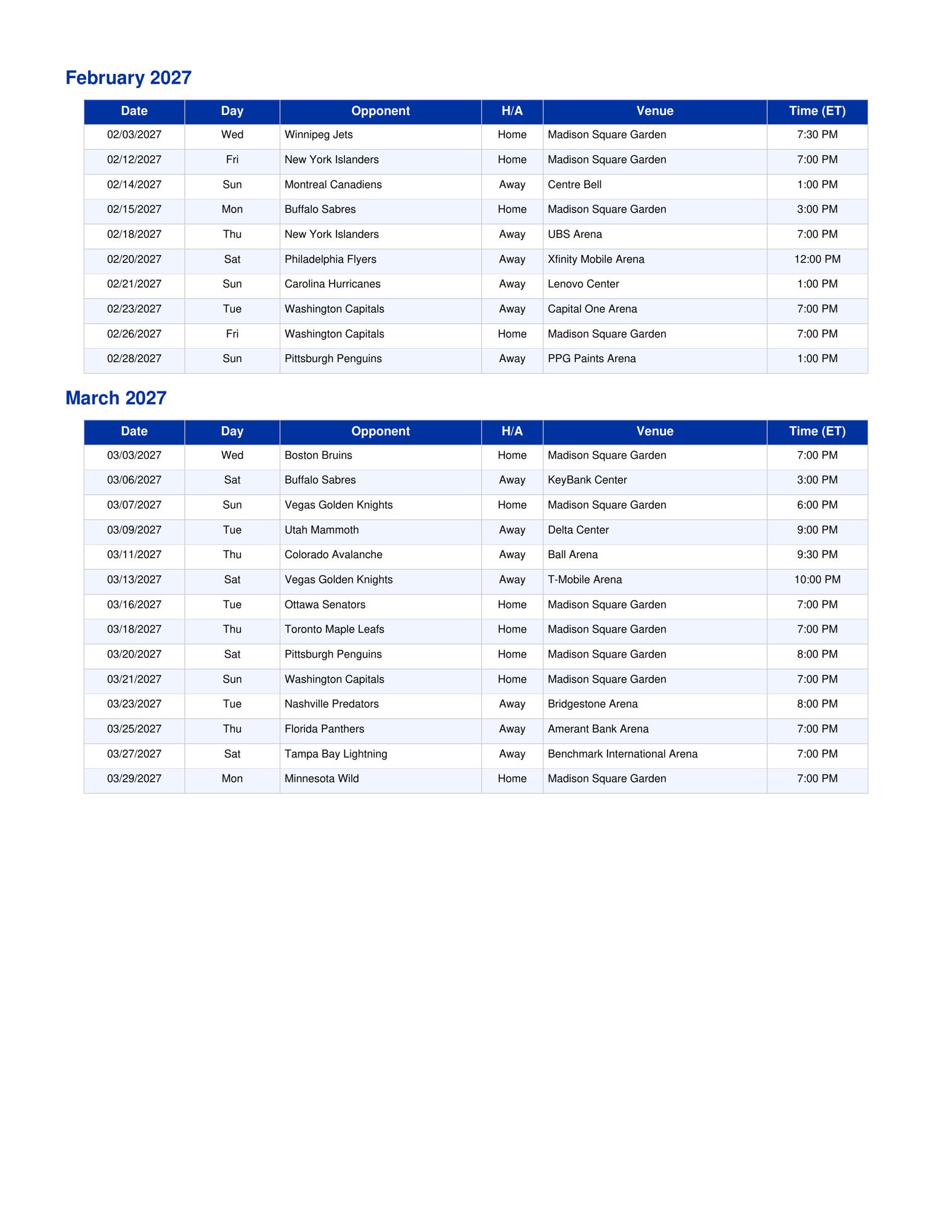 2026-27 New York Rangers Schedule Printable 3