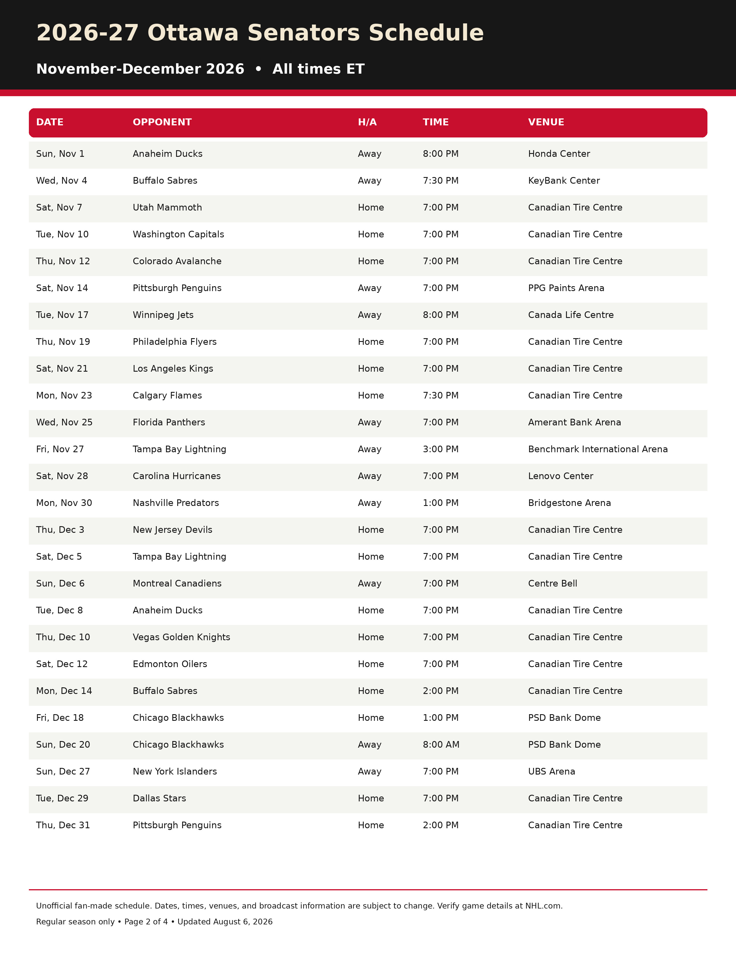2026-27 Ottawa Senators Schedule Printable 2