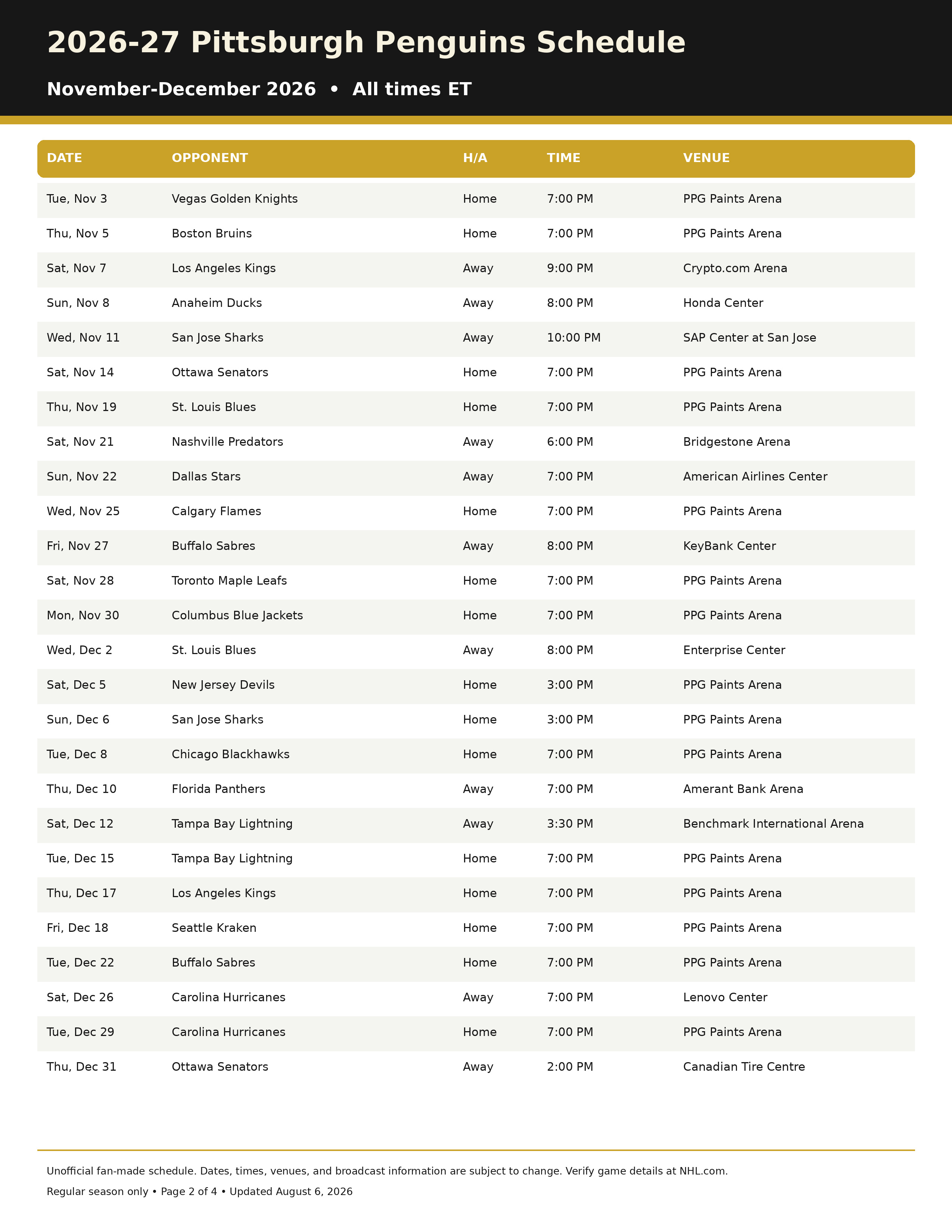 2026 27 Pittsburgh Penguins Schedule Printable 2 2026-27 Pittsburgh Penguins Schedule Printable 2
