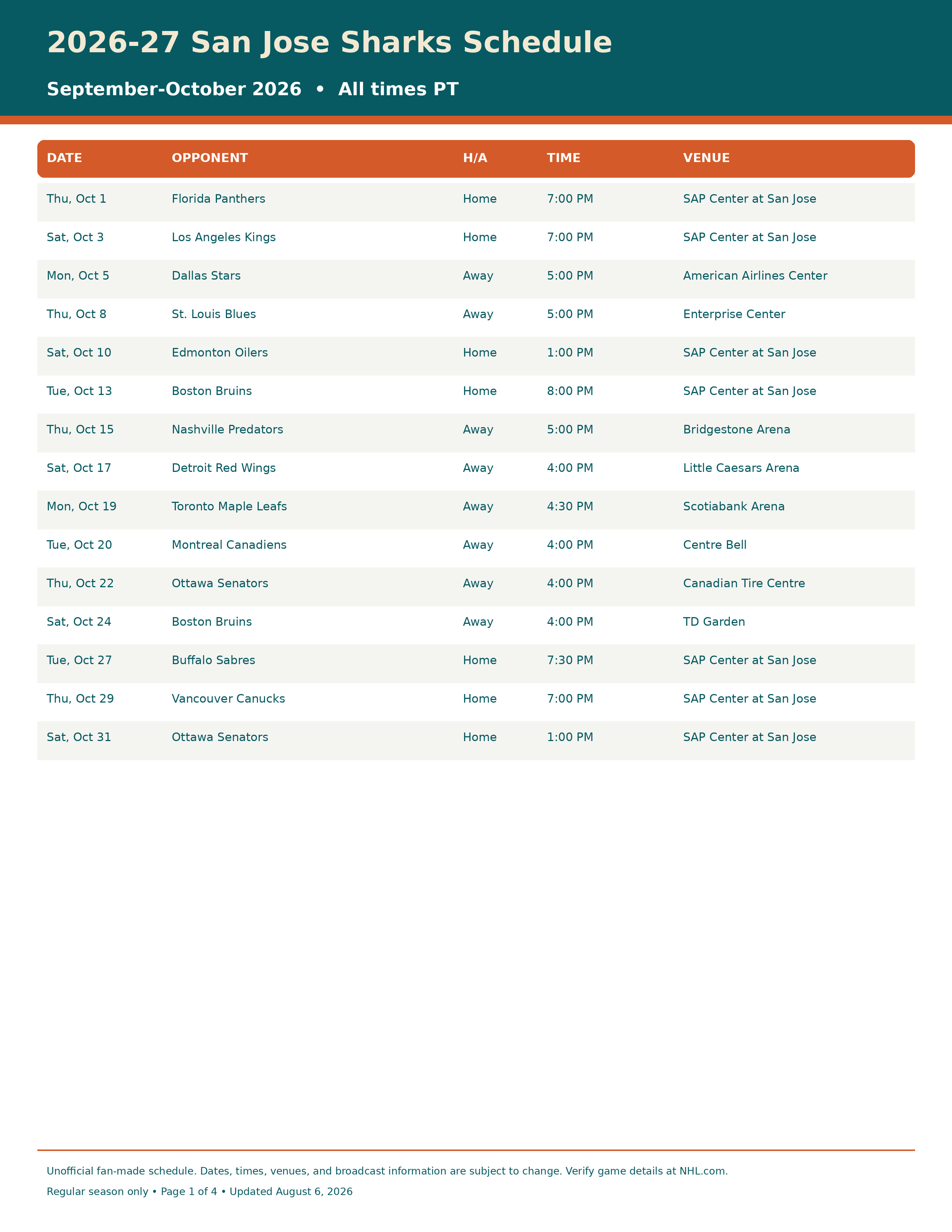 2026-27 San Jose Sharks Schedule Printable 1