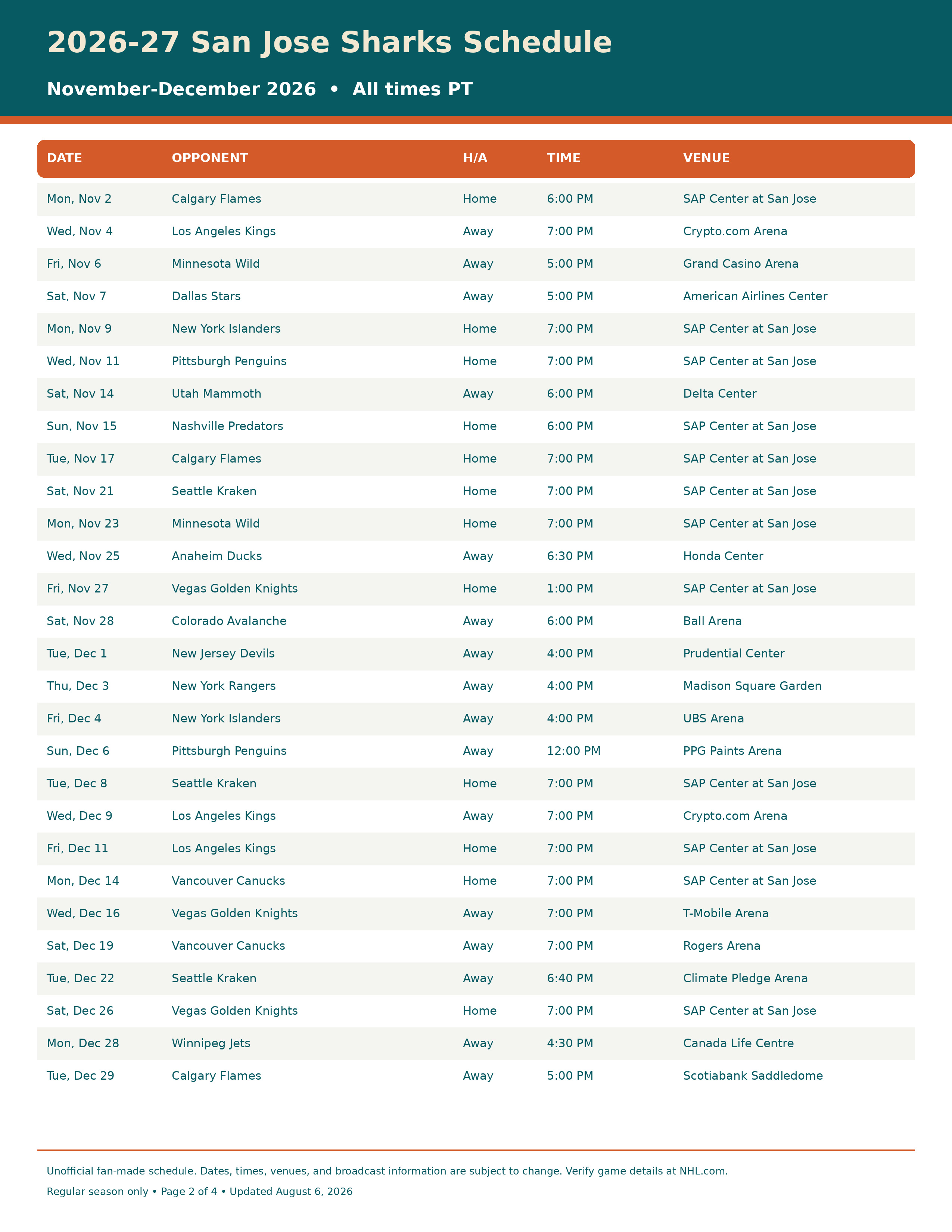 2026-27 San Jose Sharks Schedule Printable 2