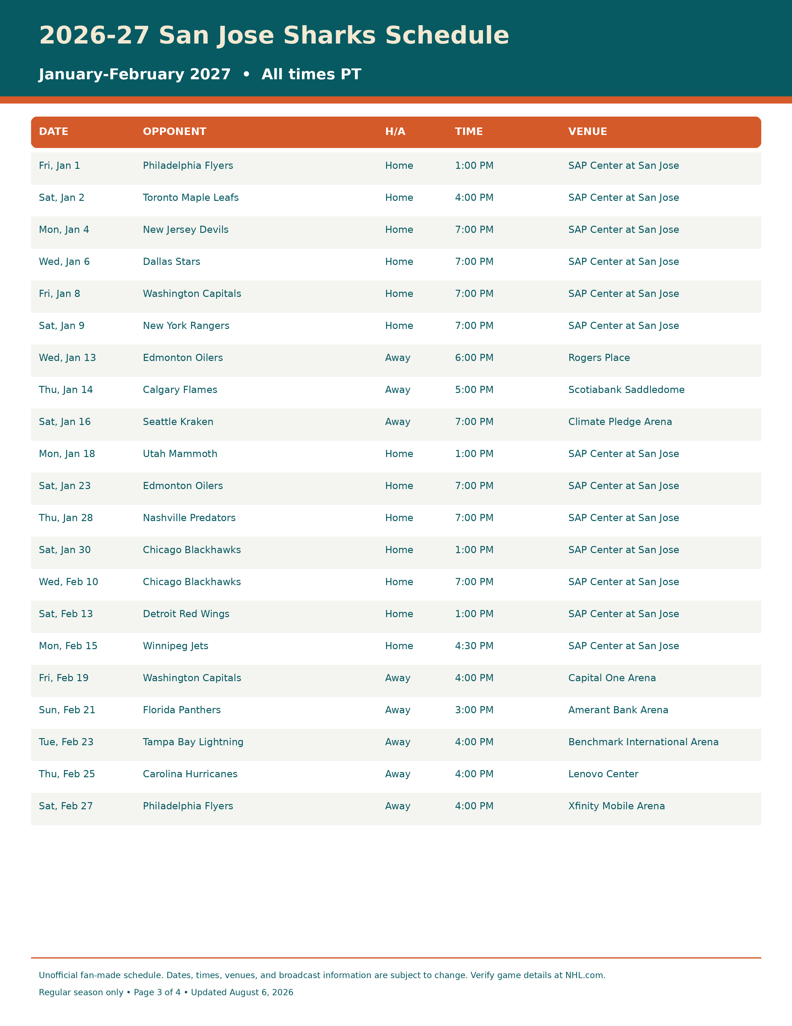 2026-27 San Jose Sharks Schedule Printable 3