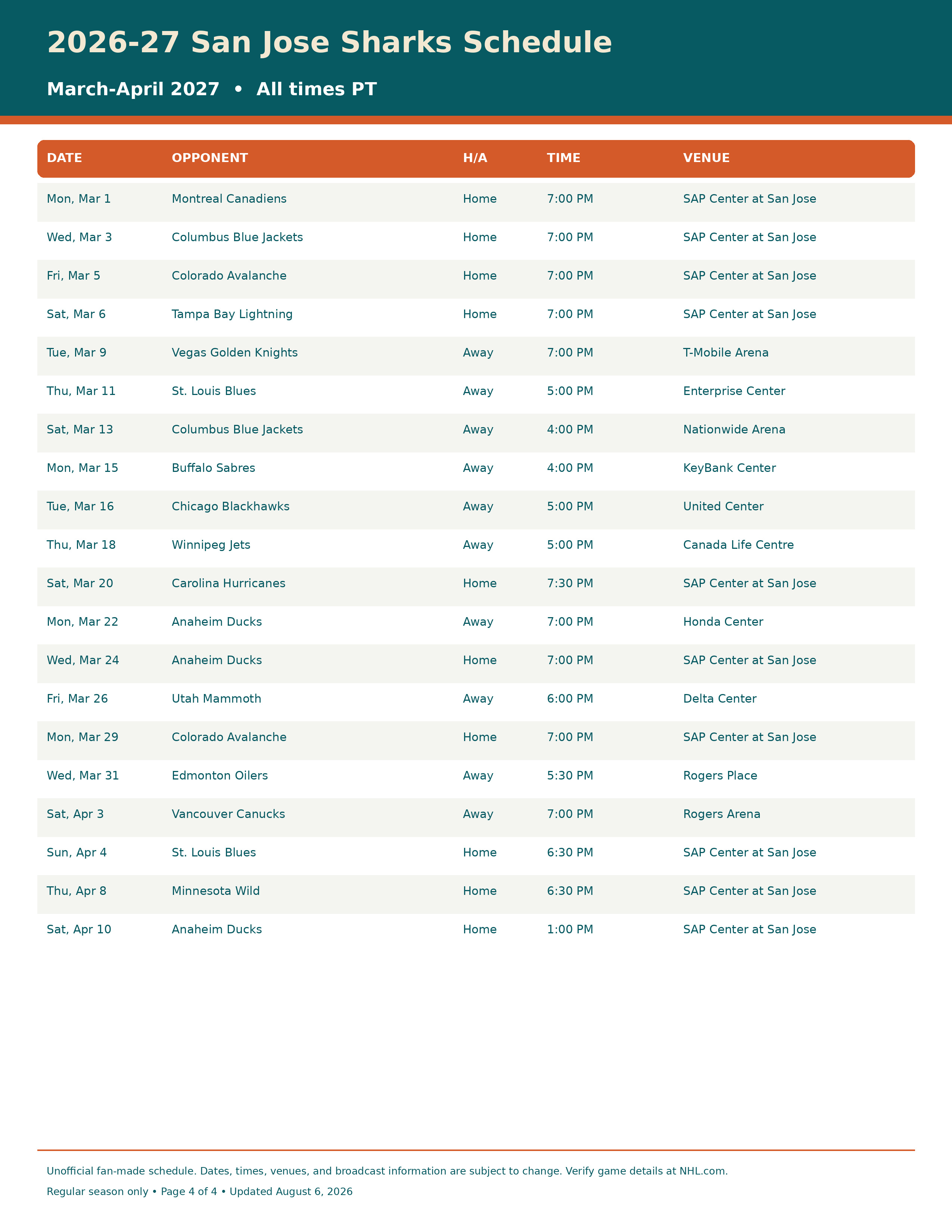 2026-27 San Jose Sharks Schedule Printable 4
