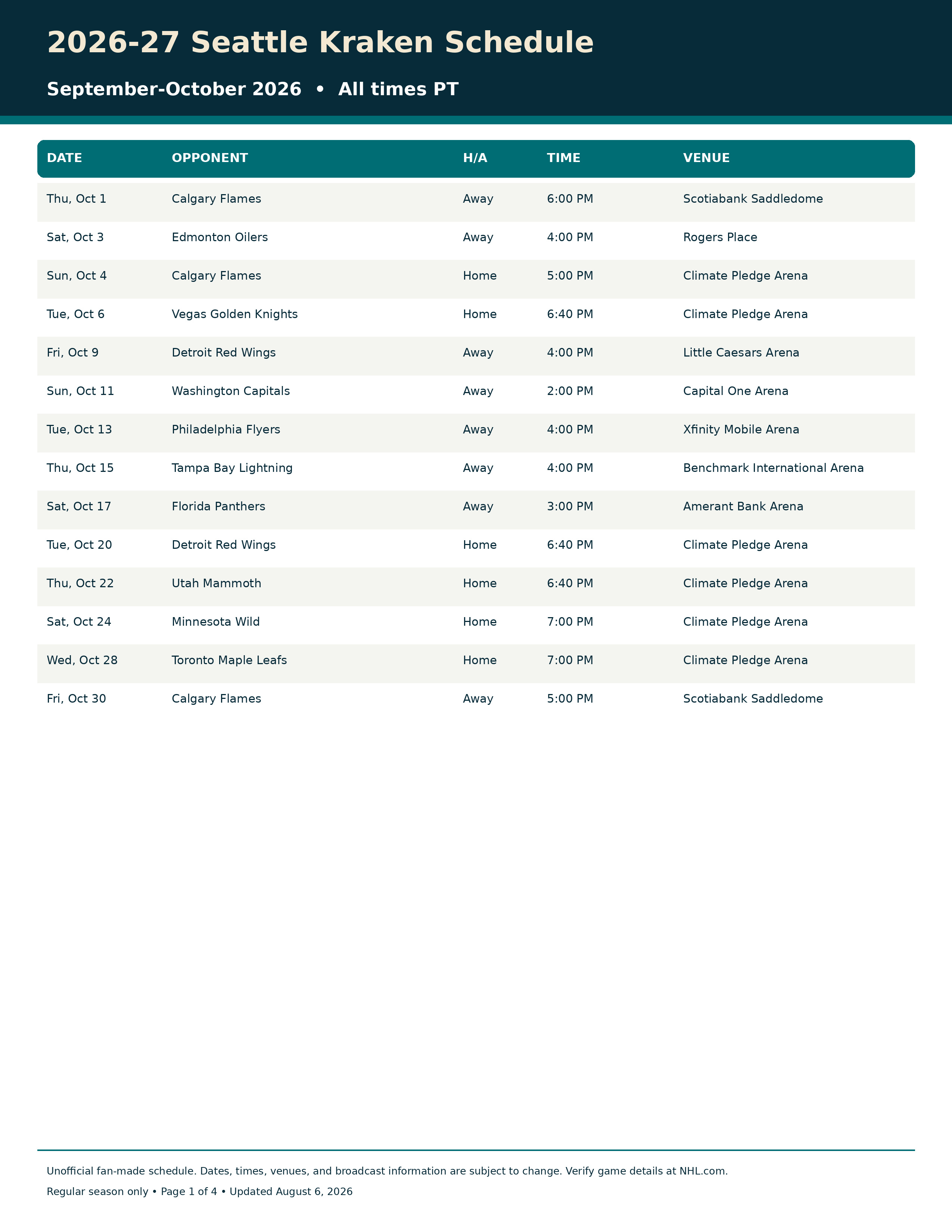 2026-27 Seattle Kraken Schedule Printable 1