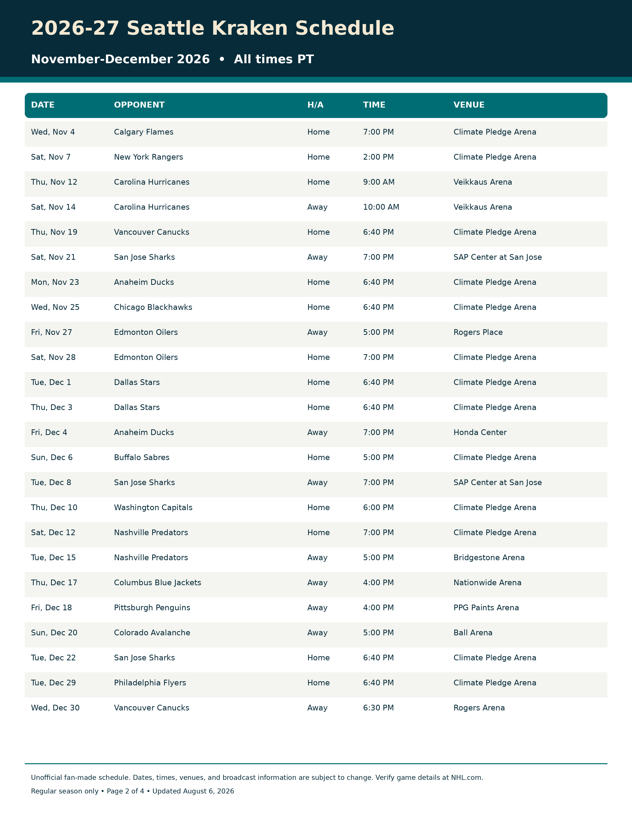 2026-27 Seattle Kraken Schedule Printable 2