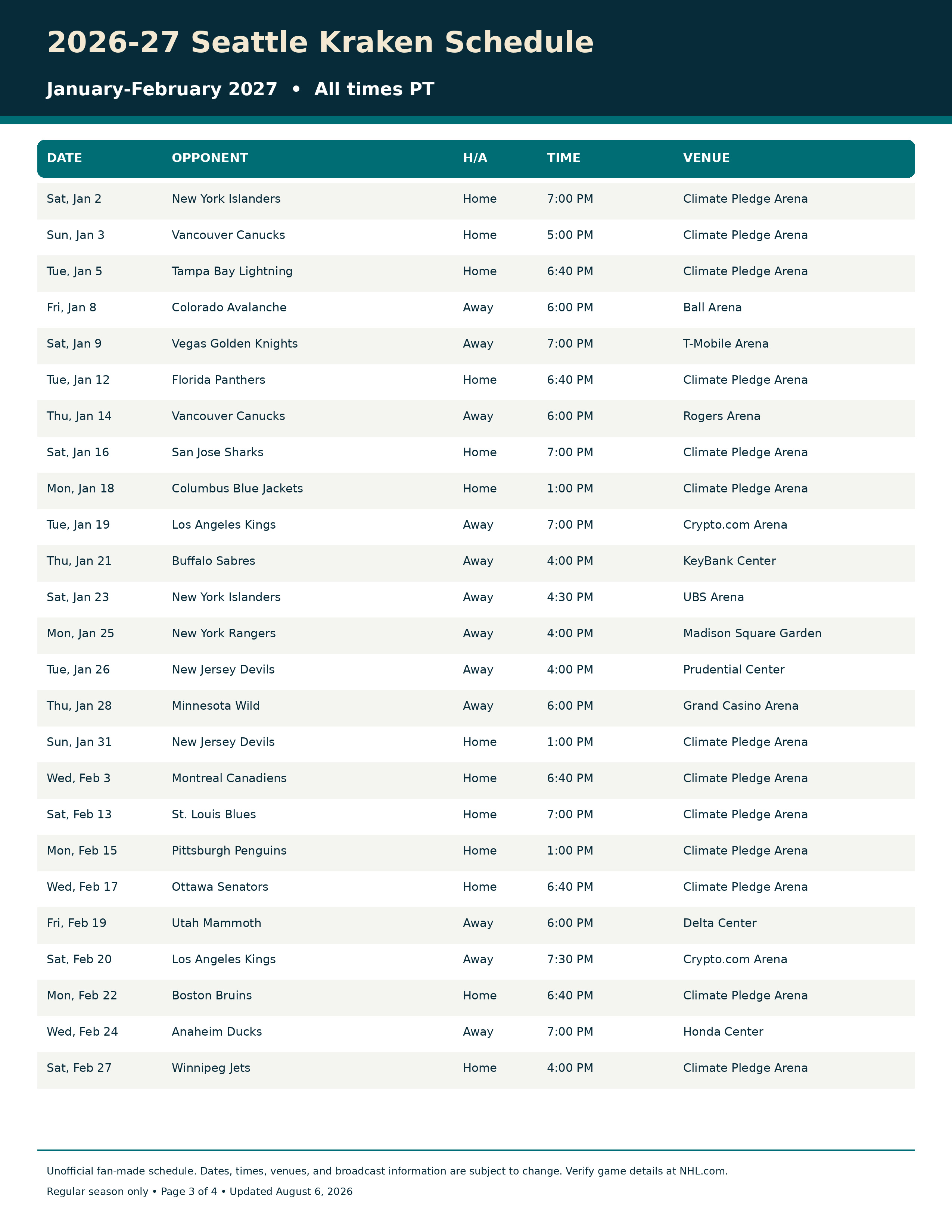 2026-27 Seattle Kraken Schedule Printable 3
