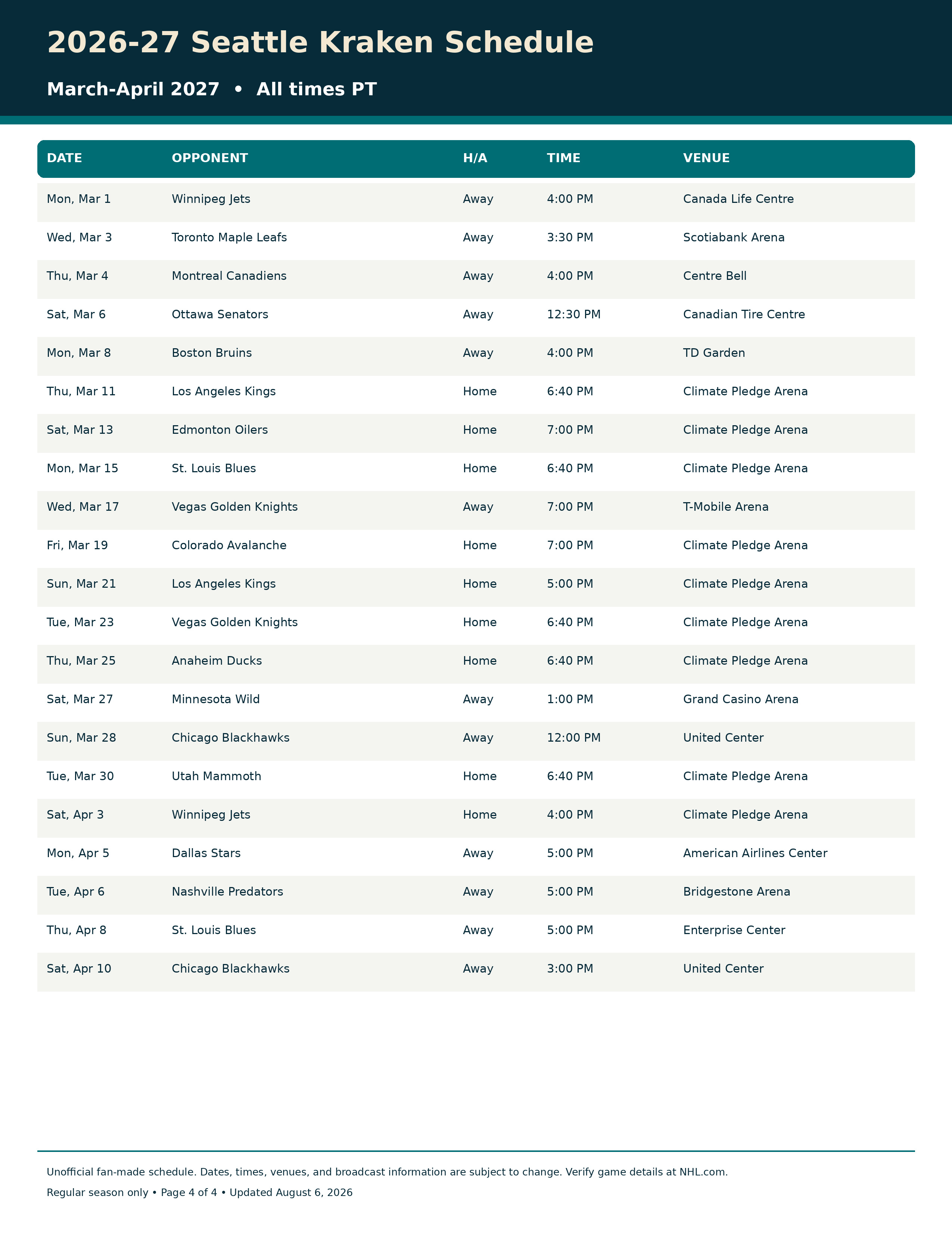 2026-27 Seattle Kraken Schedule Printable 4
