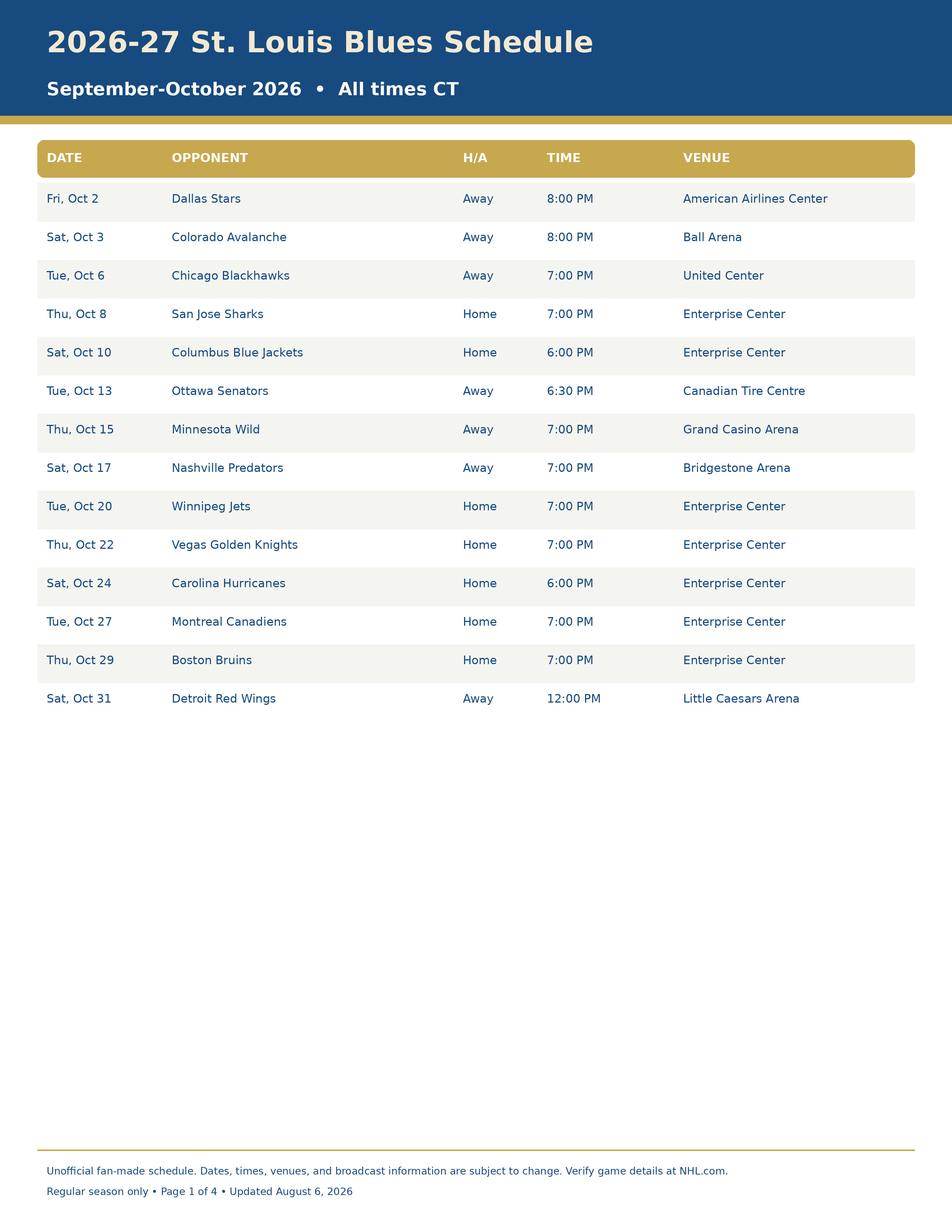 2026-27 St. Louis Blues Schedule Printable 1