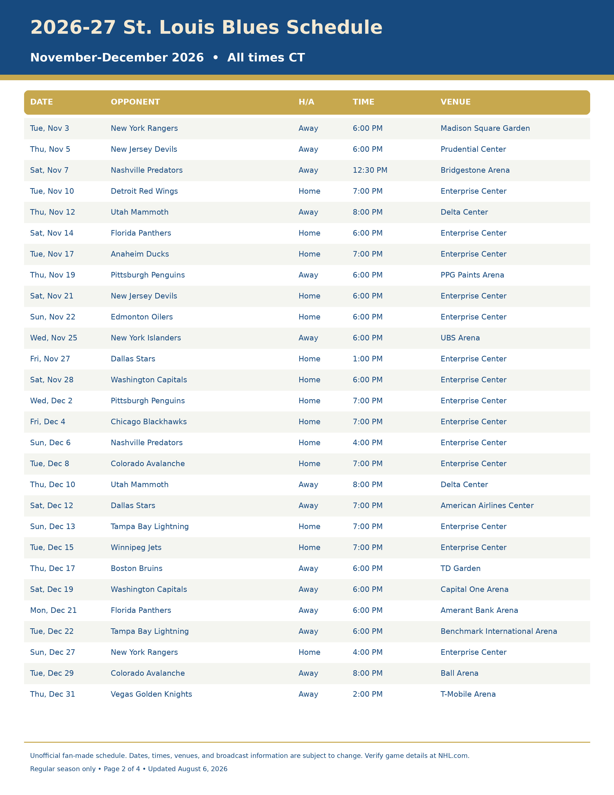 2026-27 St. Louis Blues Schedule Printable 2