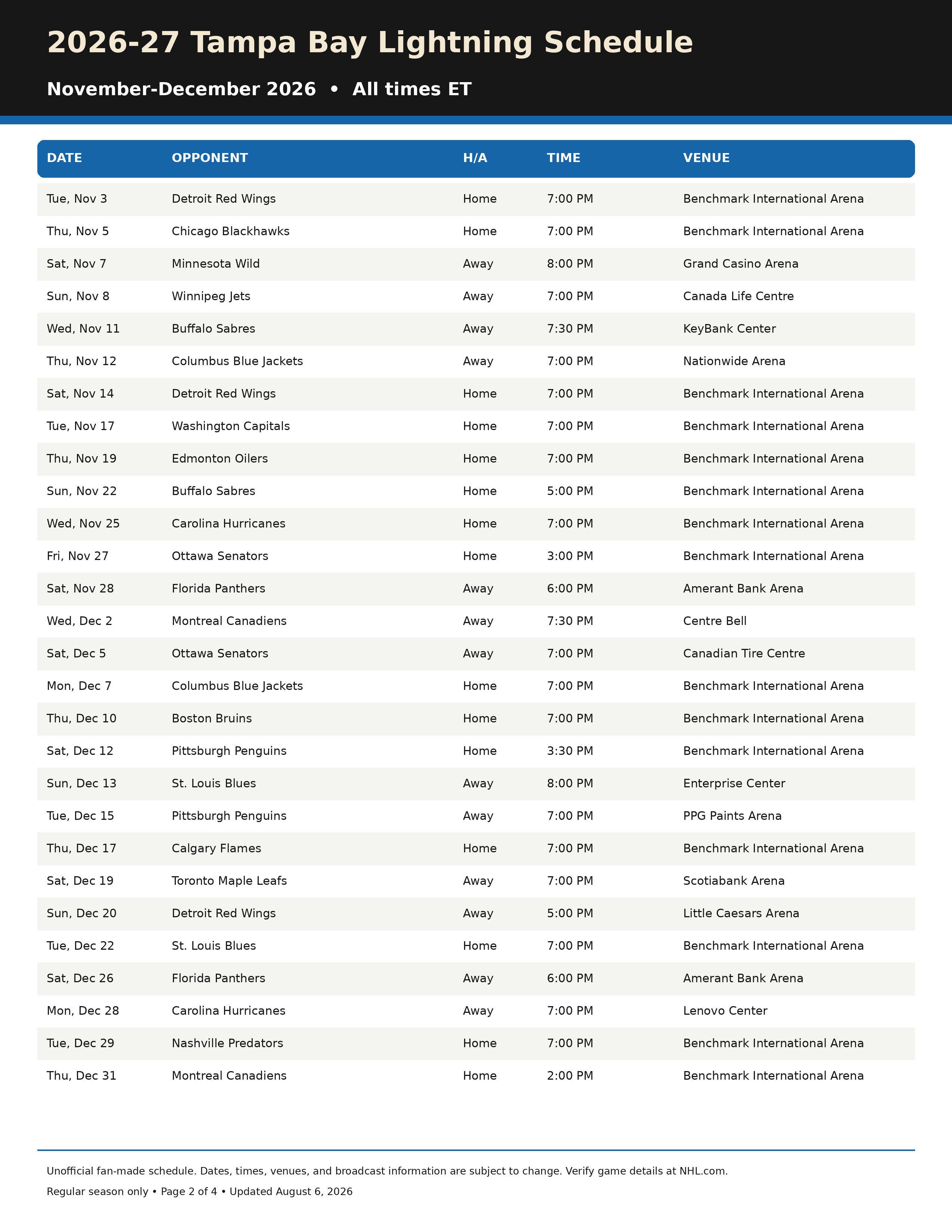 2026-27 Tampa Bay Lightning Schedule Printable 2