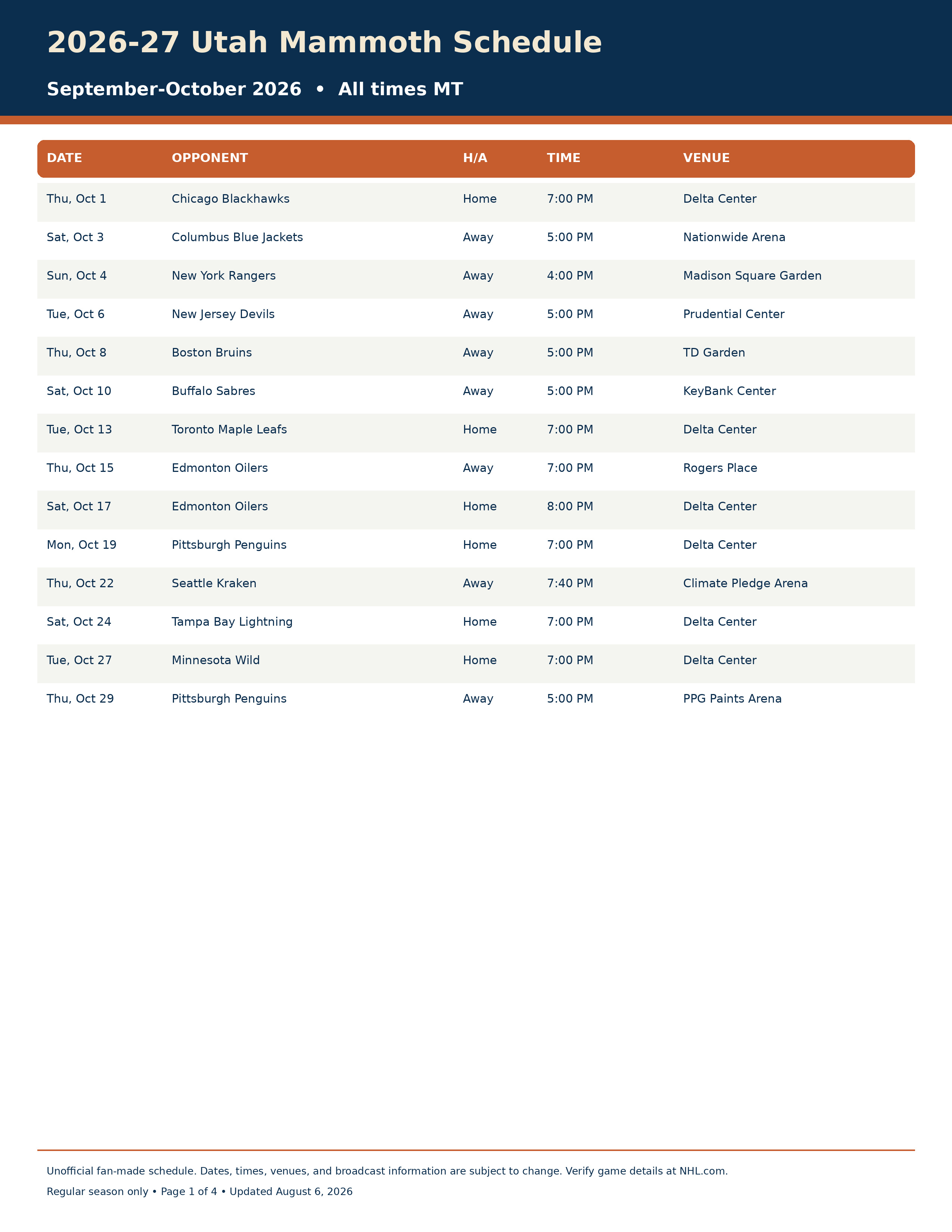 2026-27 Utah Mammoth Schedule Printable 1