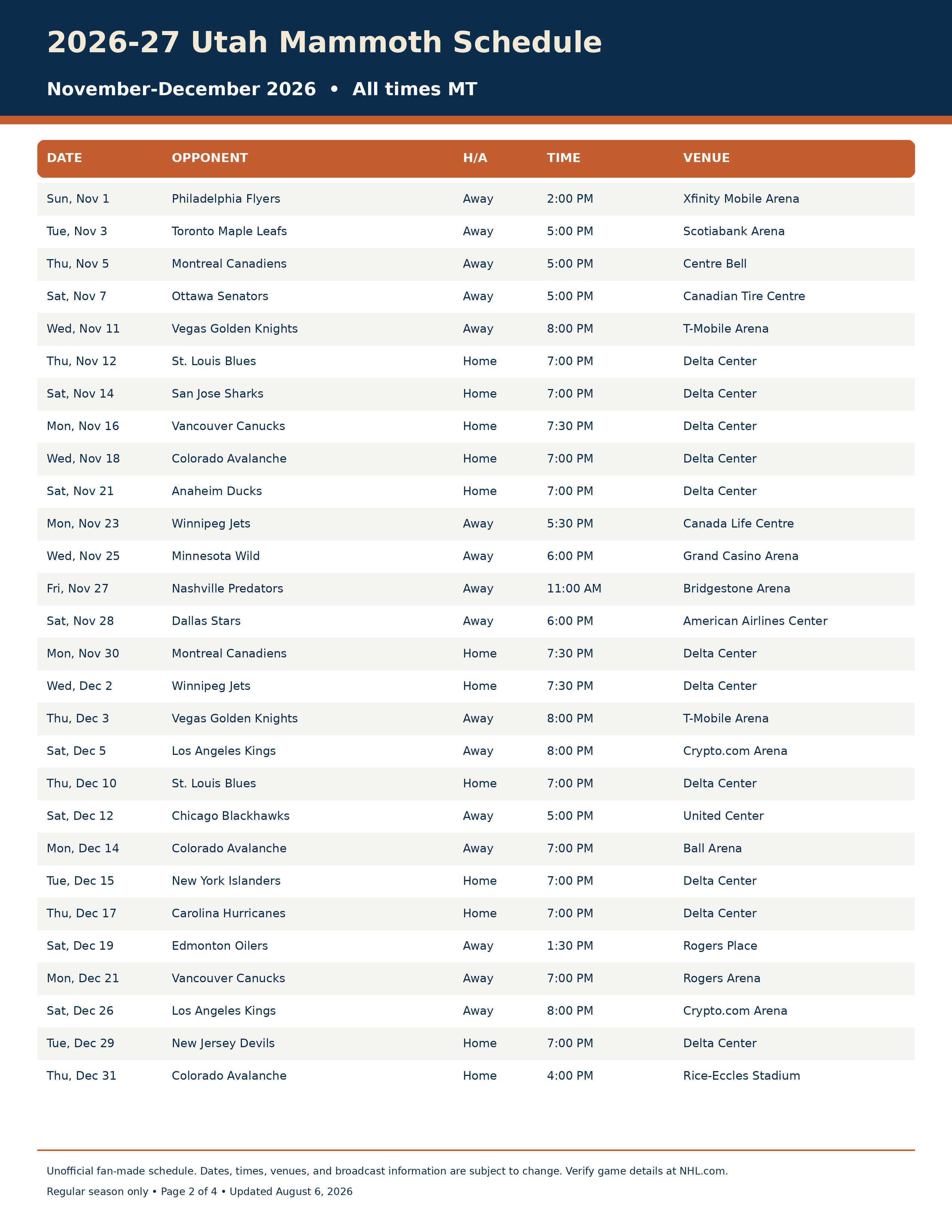 2026-27 Utah Mammoth Schedule Printable 2