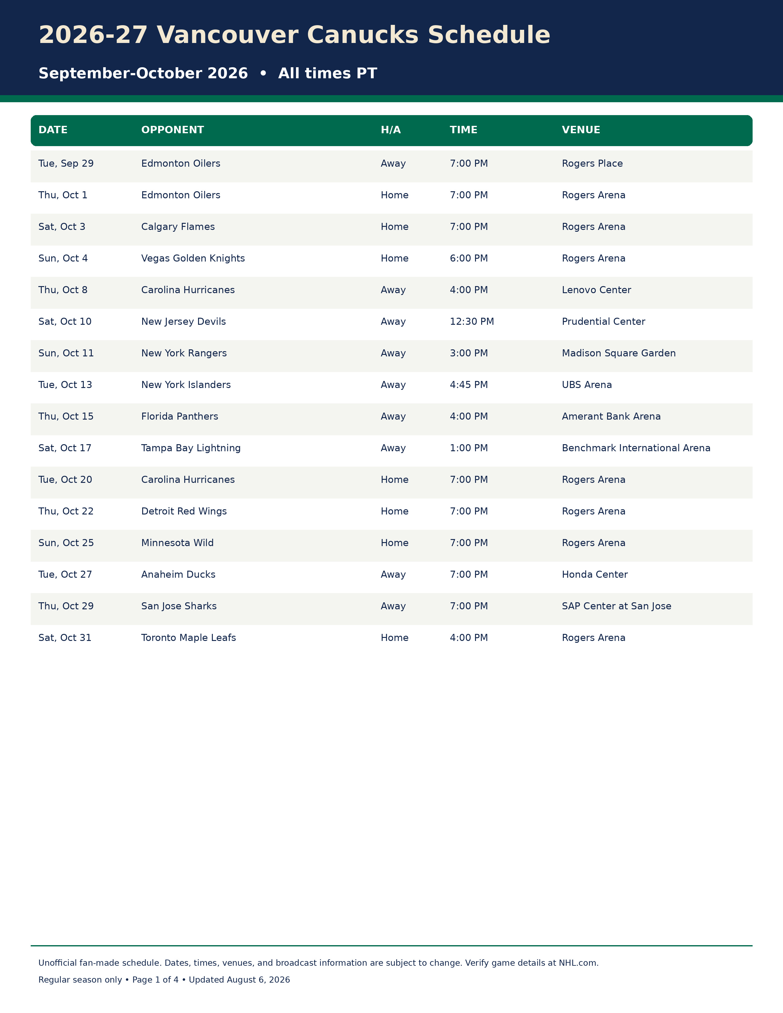 2026-27 Vancouver Canucks Schedule Printable 1