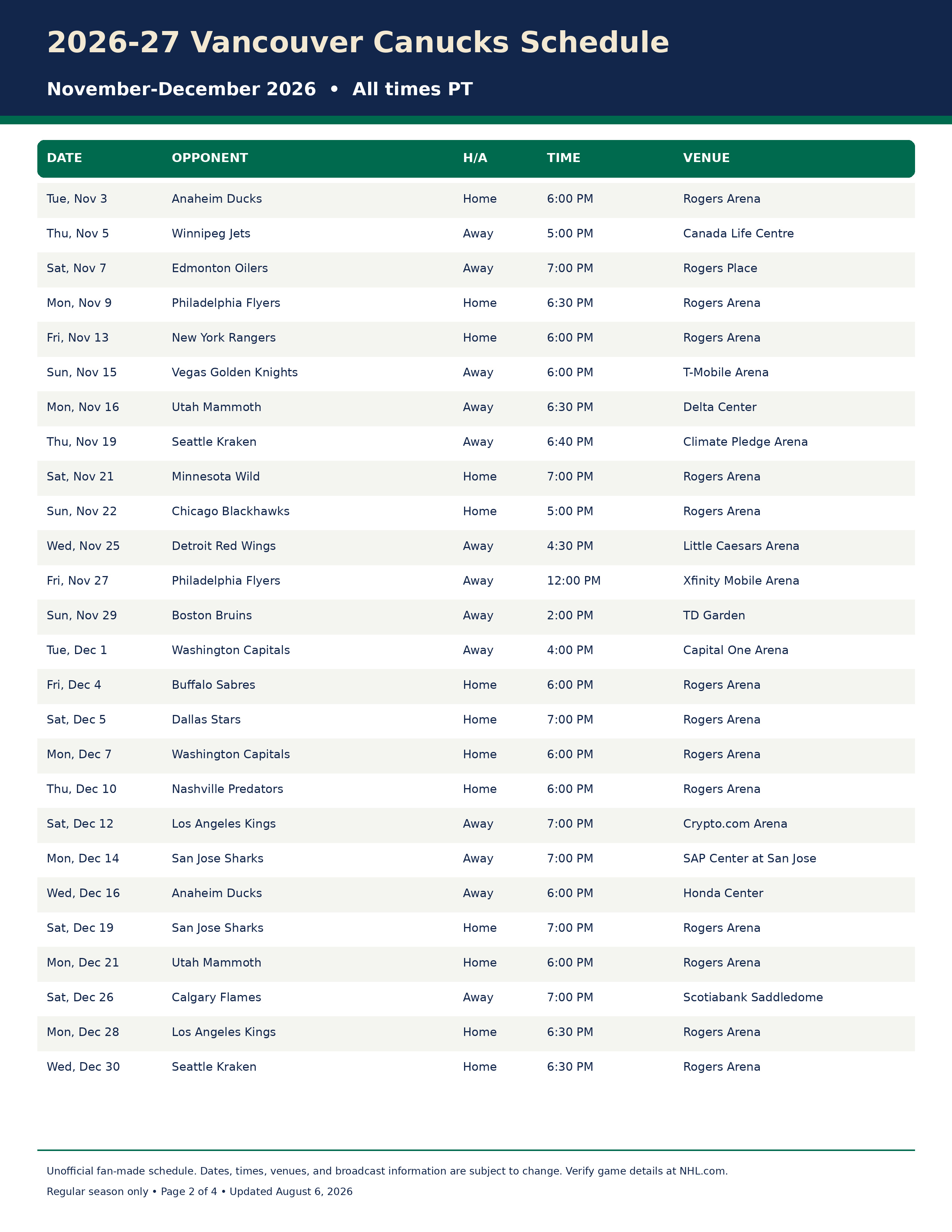 2026-27 Vancouver Canucks Schedule Printable 2