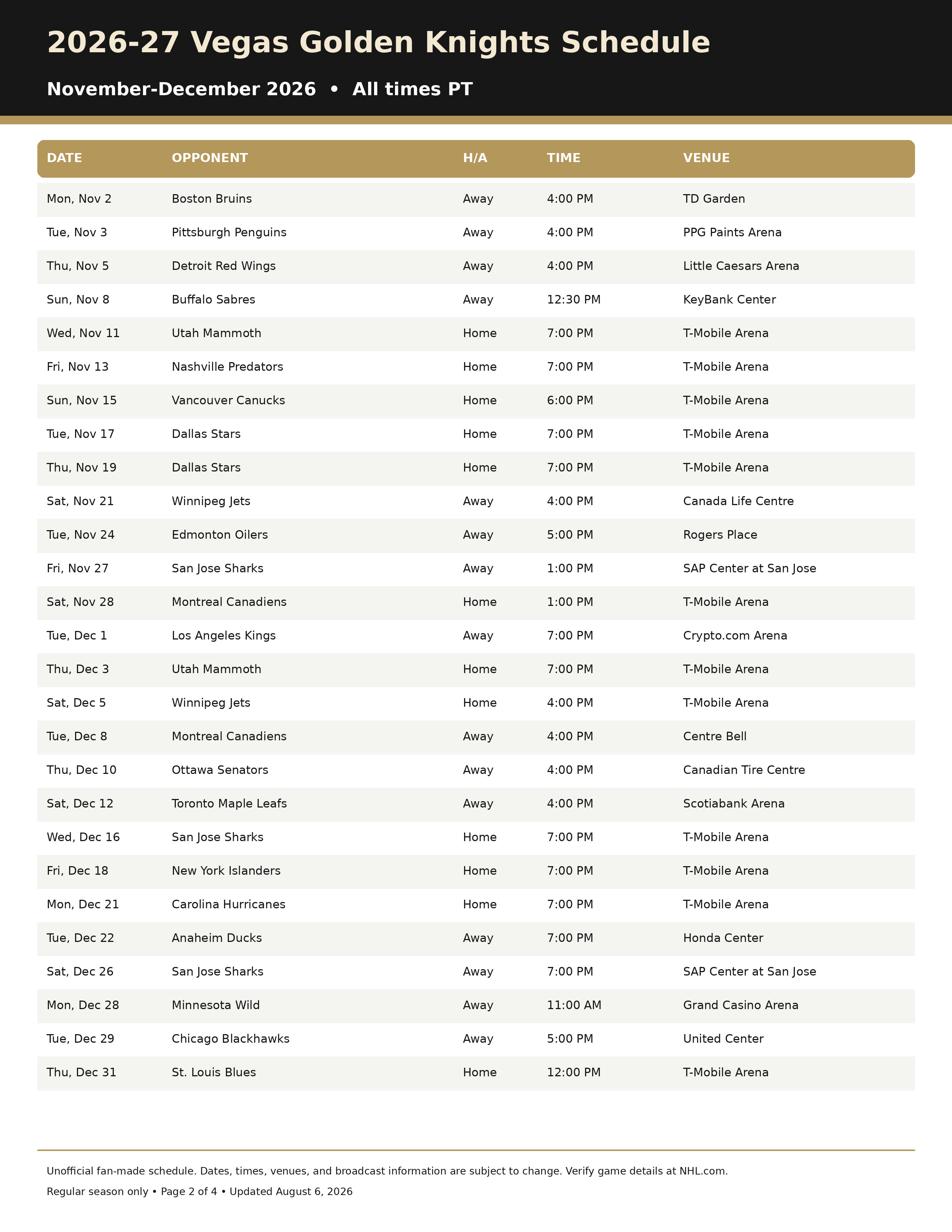 2026 27 Vegas Golden Knights Schedule Printable 2 2026-27 Vegas Golden Knights Schedule Printable 2
