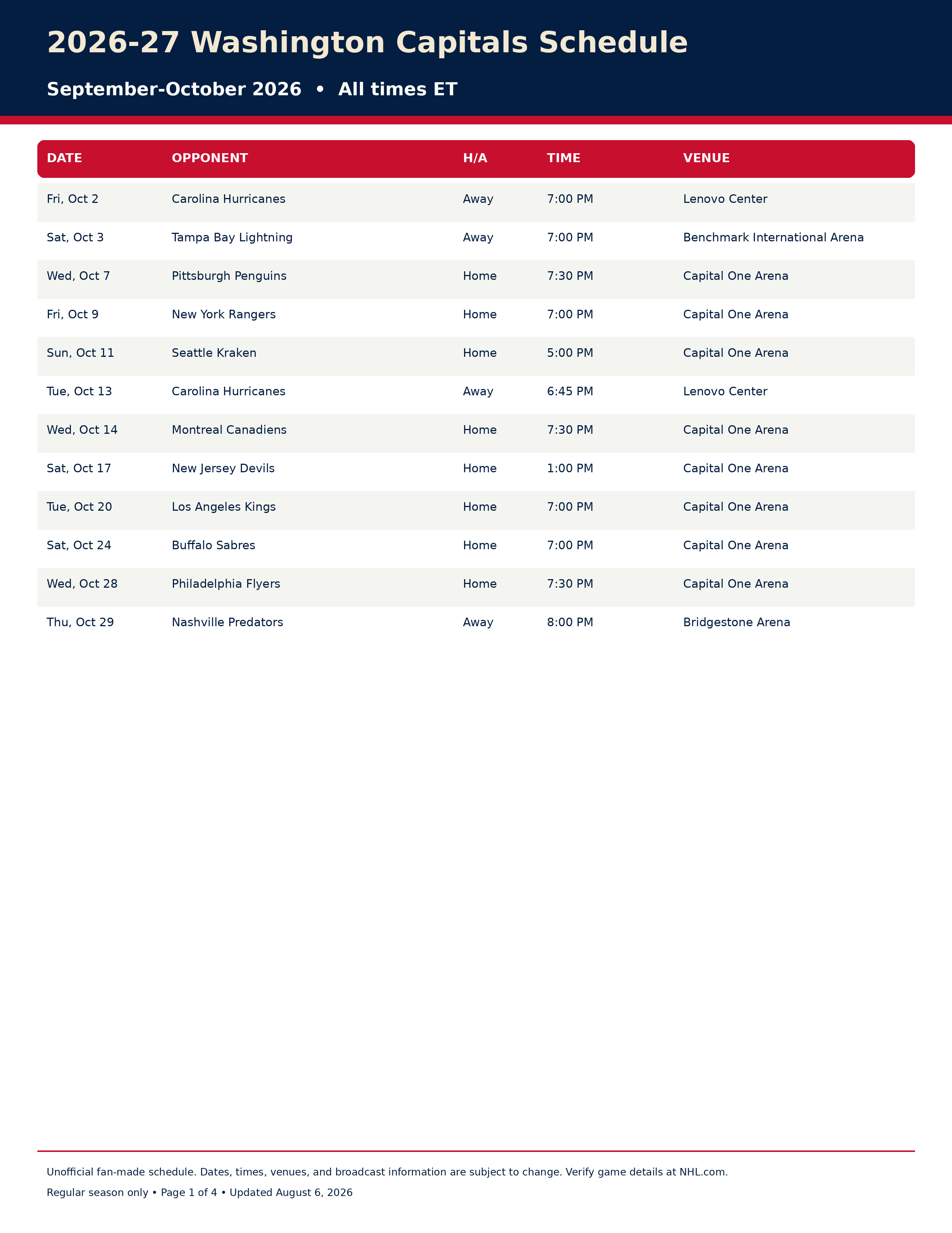 2026-27 Washington Capitals Schedule Printable 1