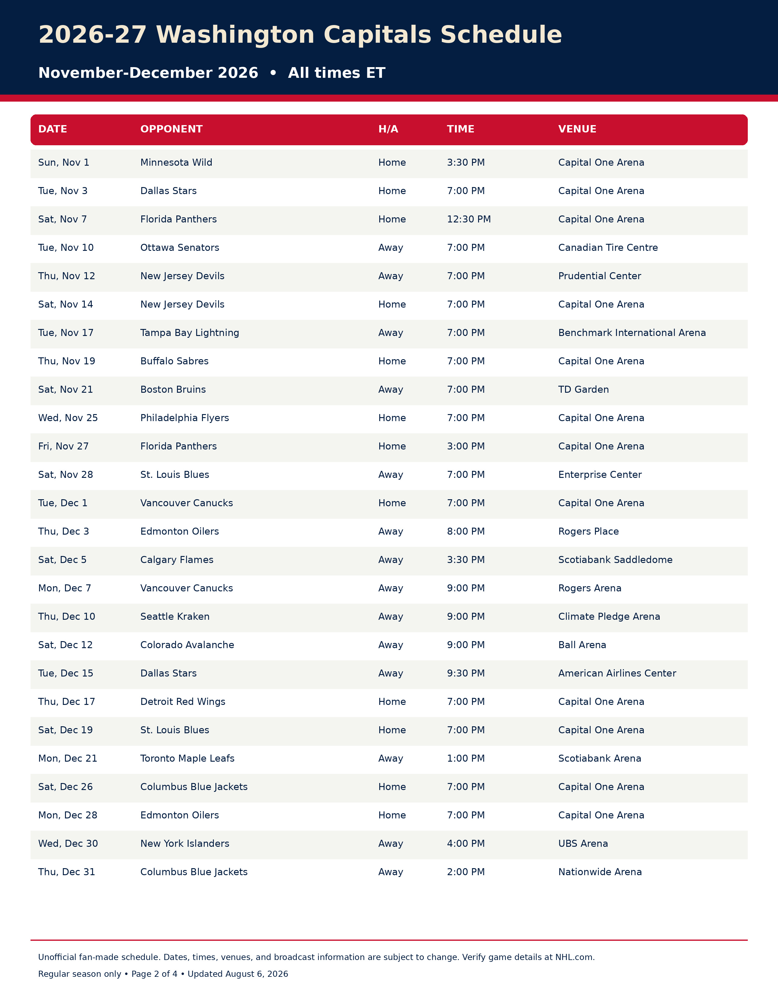 2026-27 Washington Capitals Schedule Printable 2