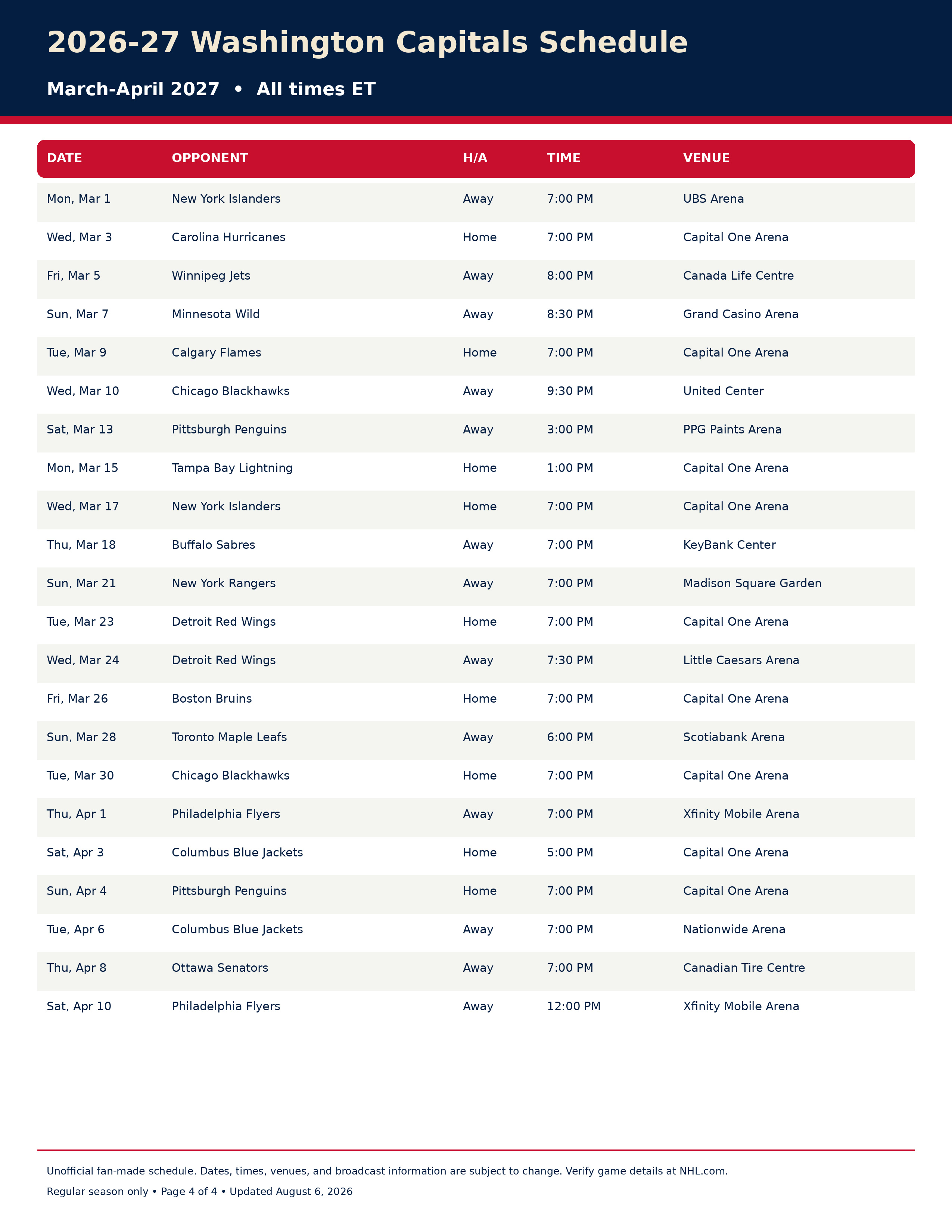 2026-27 Washington Capitals Schedule Printable 4