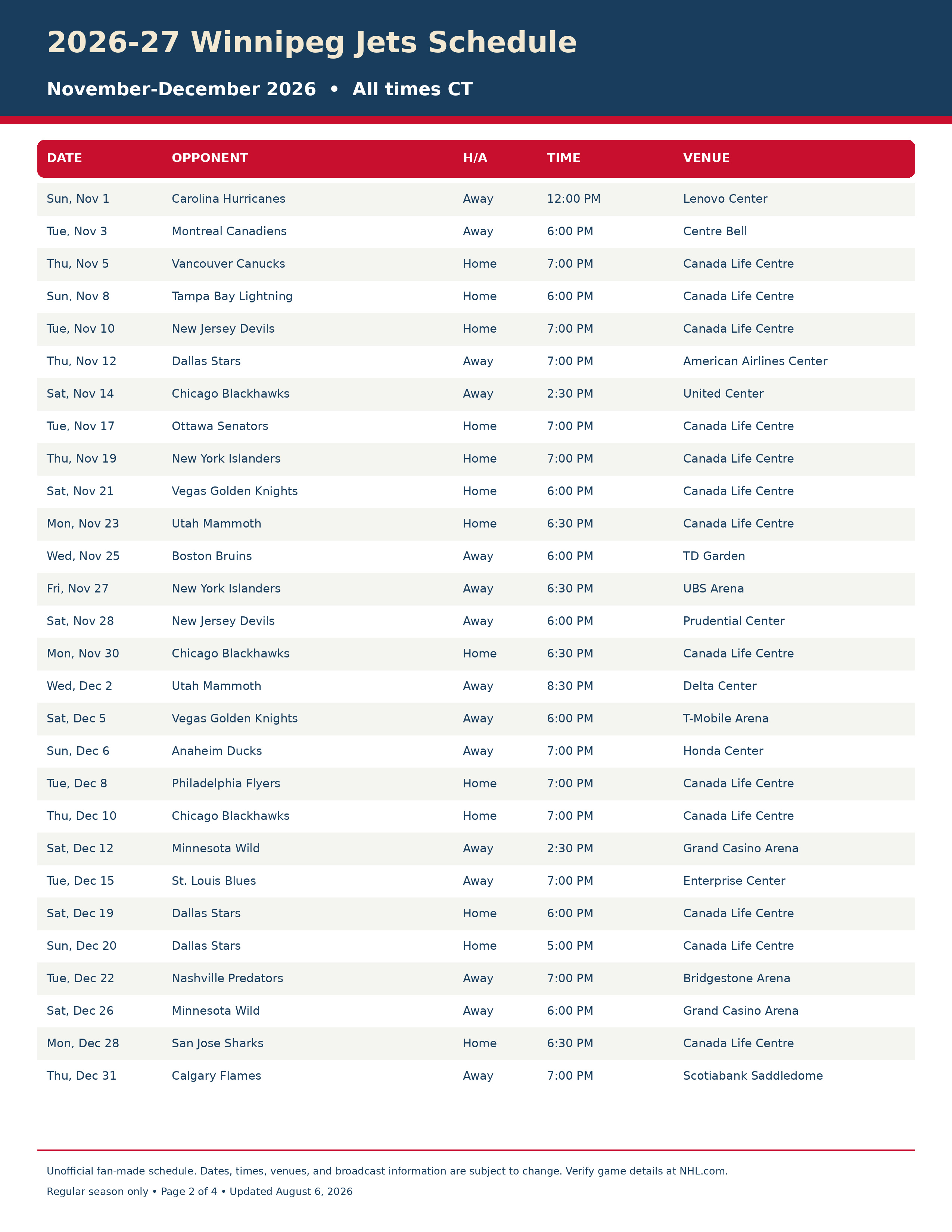 2026-27 Winnipeg Jets Schedule Printable 2