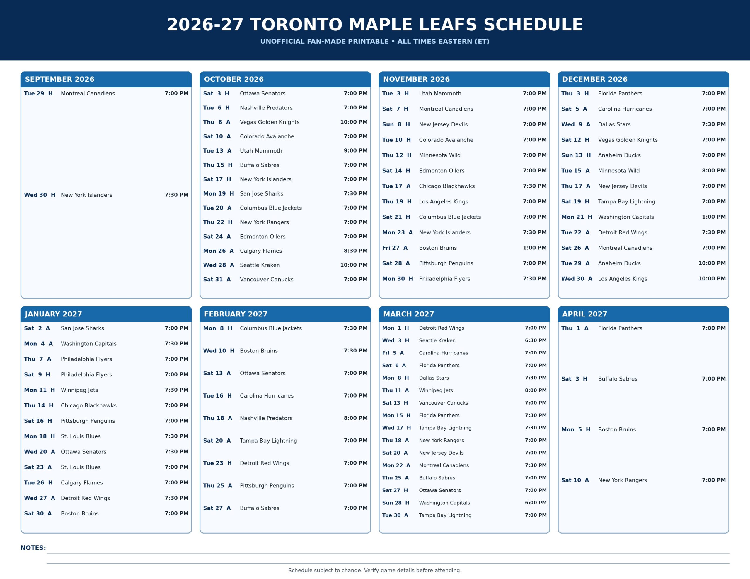 2026-27 Toronto Maple Leafs Schedule