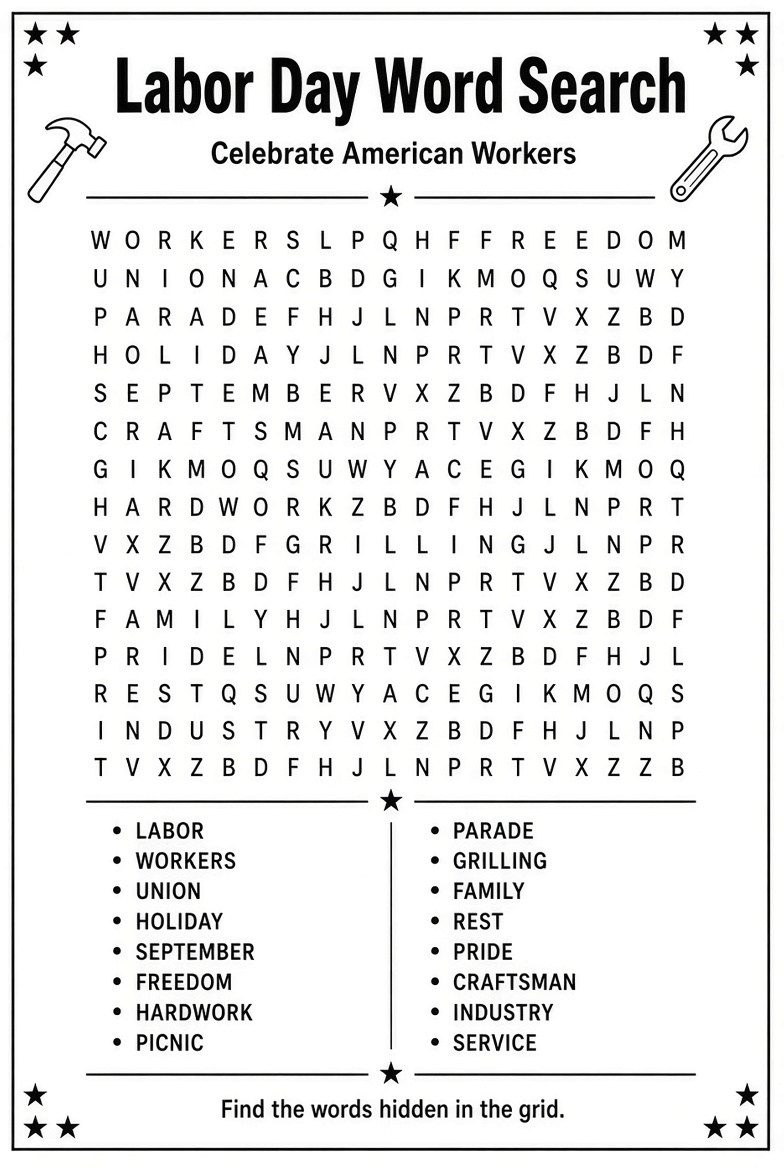 Free Labor Day Word Search for Adults Printable