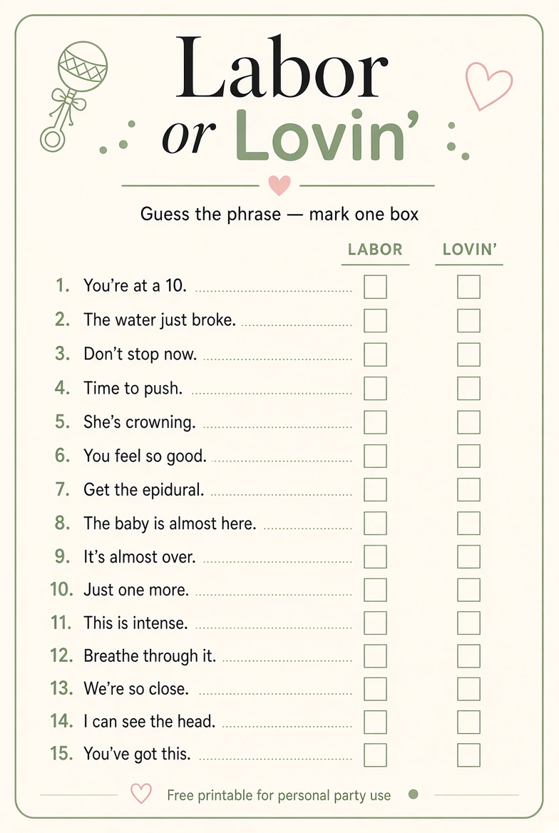 Free Labor or Lovin Game Printable With Answers (2)
