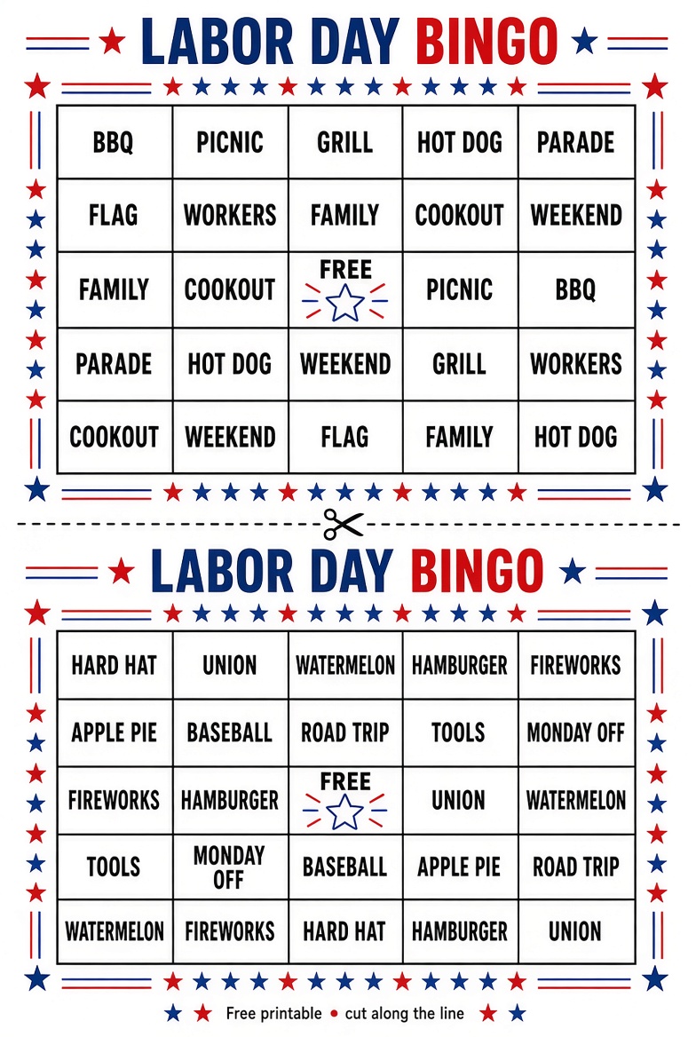 Free Printable Labor Day Bingo Cards USA 2026 2 Free Printable Labor Day Bingo Cards (USA 2026) (2)