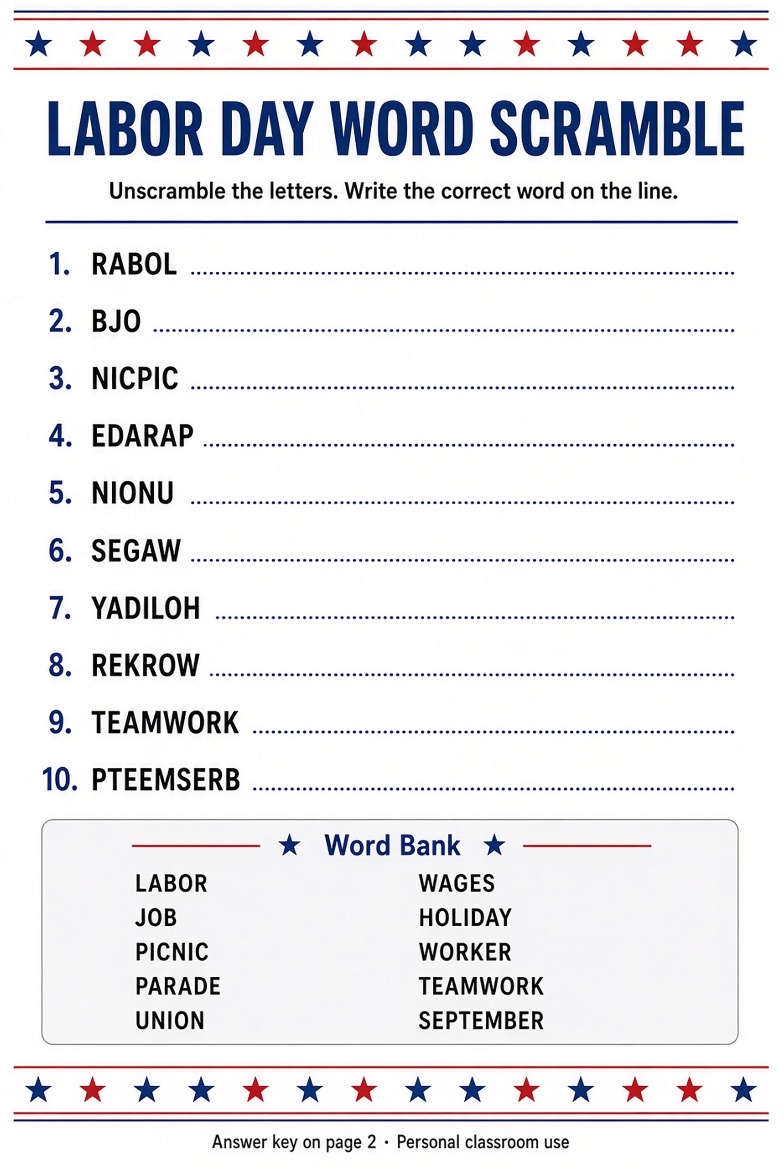 Free Printable Labor Day Word Scramble With Answers (2)