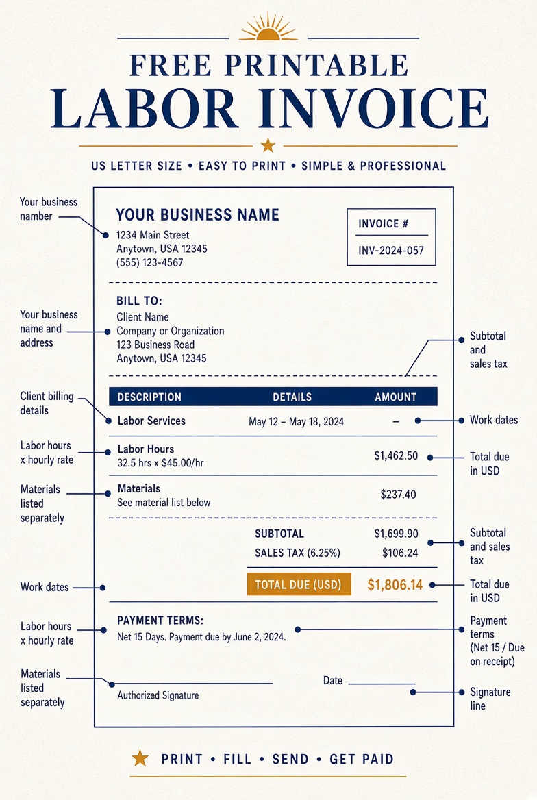 Free Printable Labor Invoice Templates USA 2 Free Printable Labor Invoice Templates (USA) (2)
