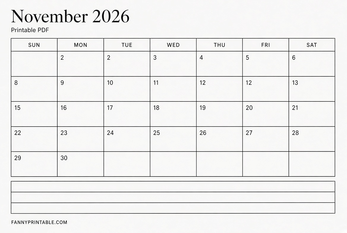 Blank November 2026 Calendar Printable PDF 1 Blank November 2026 Calendar Printable PDF