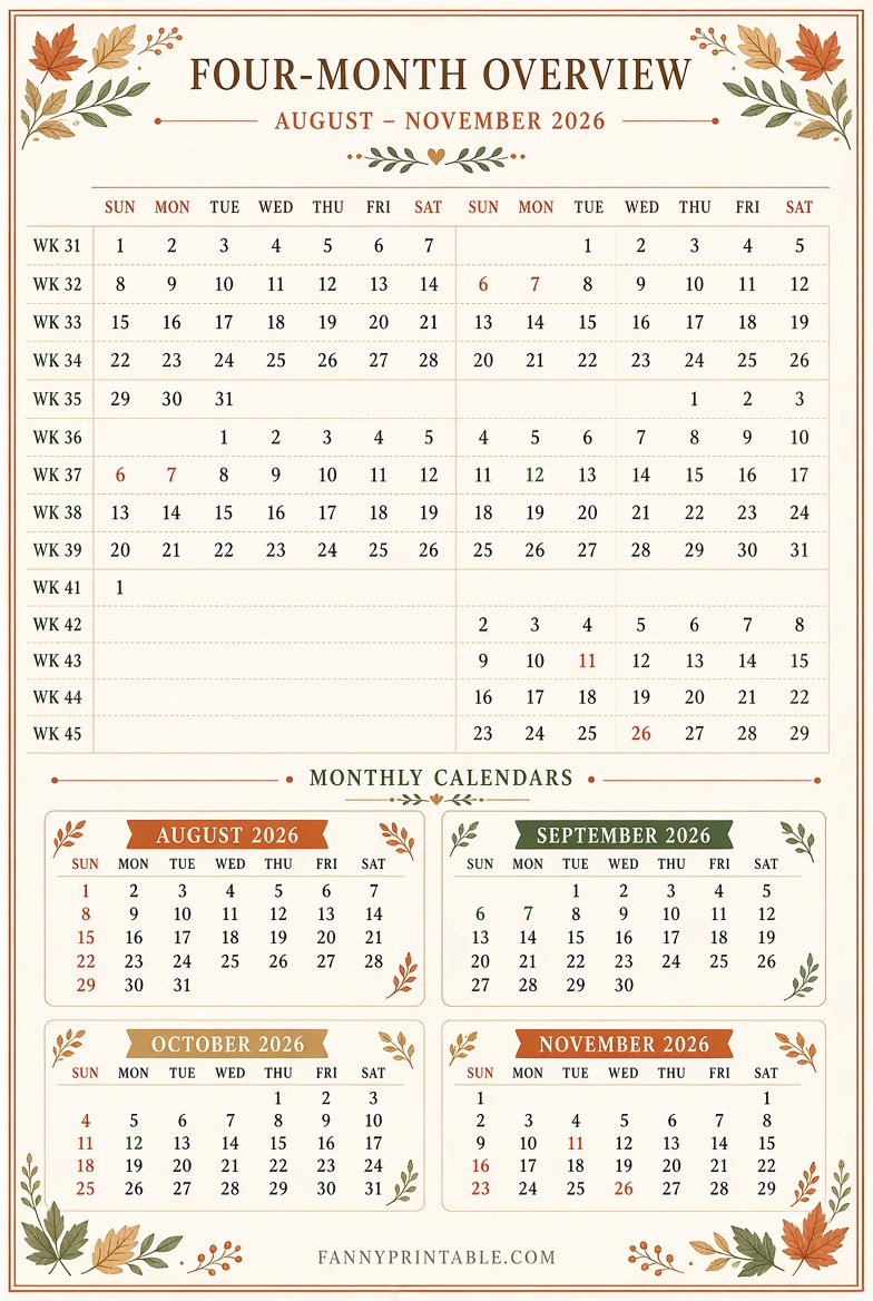 Free Aug–Nov 2026 Calendar Printables 2 Free Aug–Nov 2026 Calendar Printables
