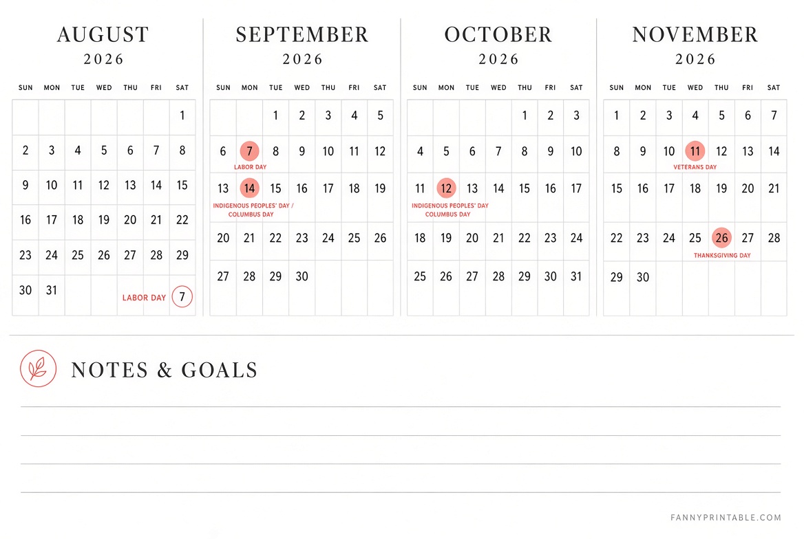 Free Aug–Nov 2026 Calendar Printables 3 Free Aug–Nov 2026 Calendar Printables