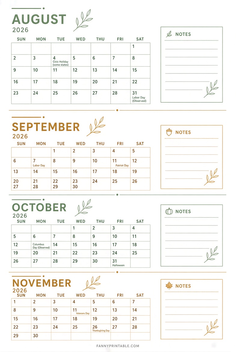 Free Aug–Nov 2026 Calendar Printables 4 Free Aug–Nov 2026 Calendar Printables