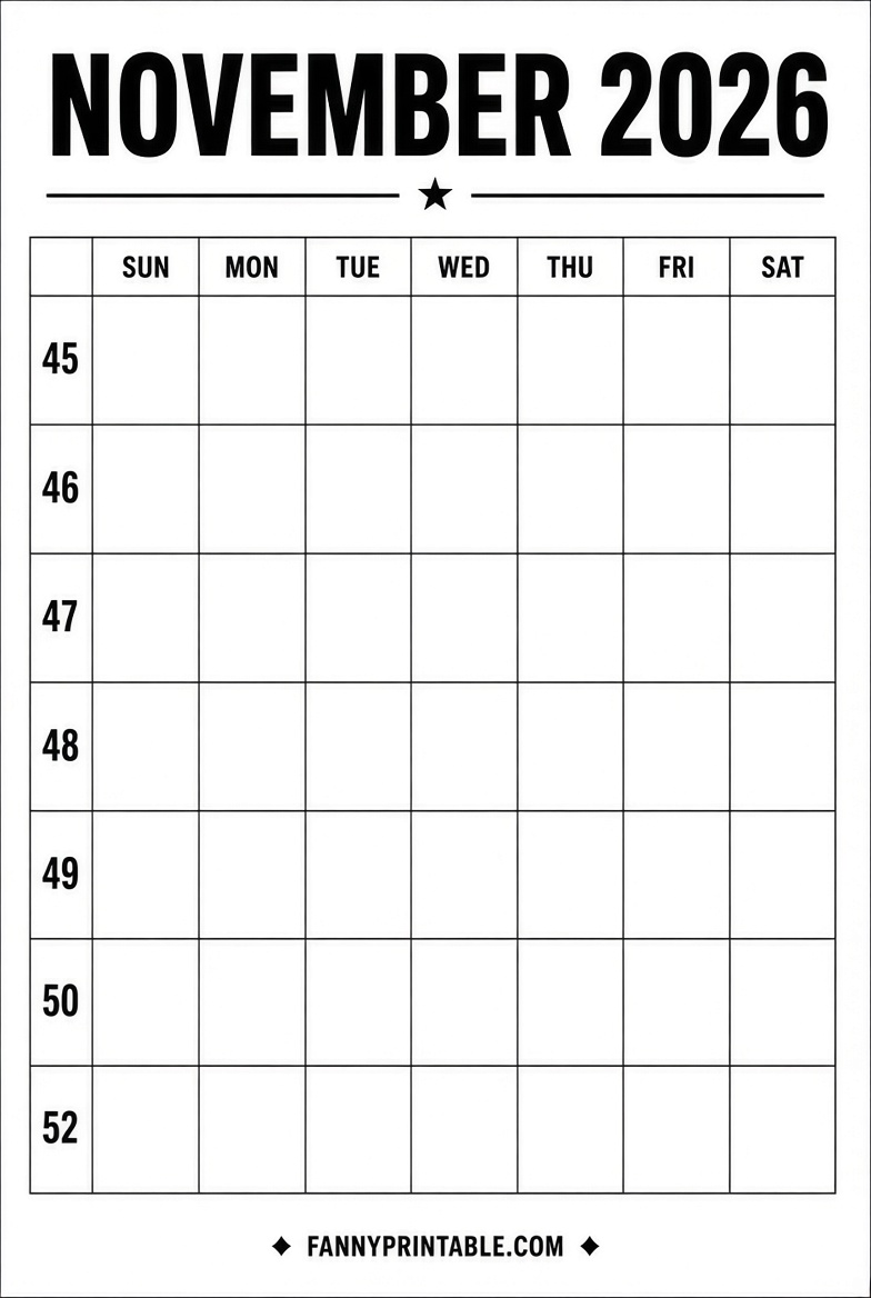 Free Blank November 2026 Calendar Printables