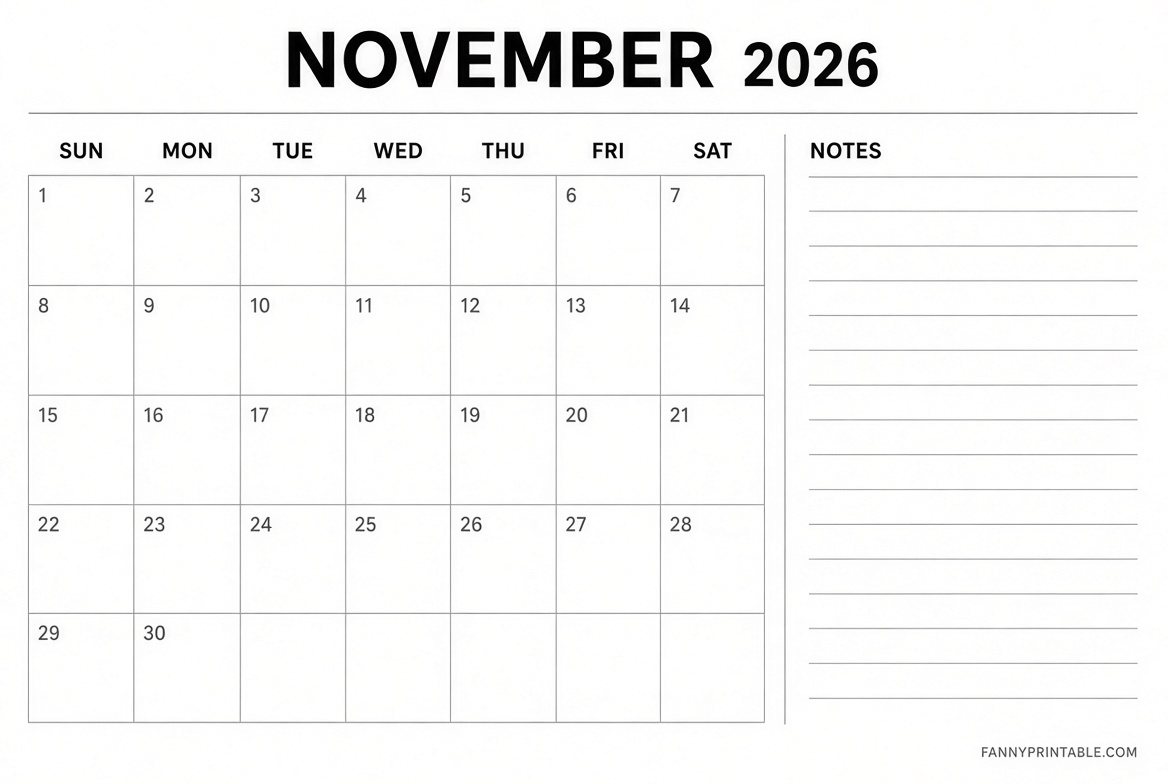Free Blank November 2026 Calendar Printables