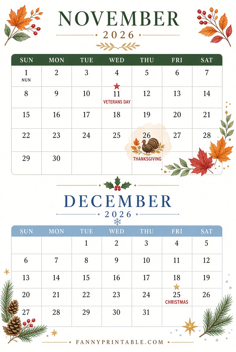 Free Nov & Dec 2026 Printable Calendar
