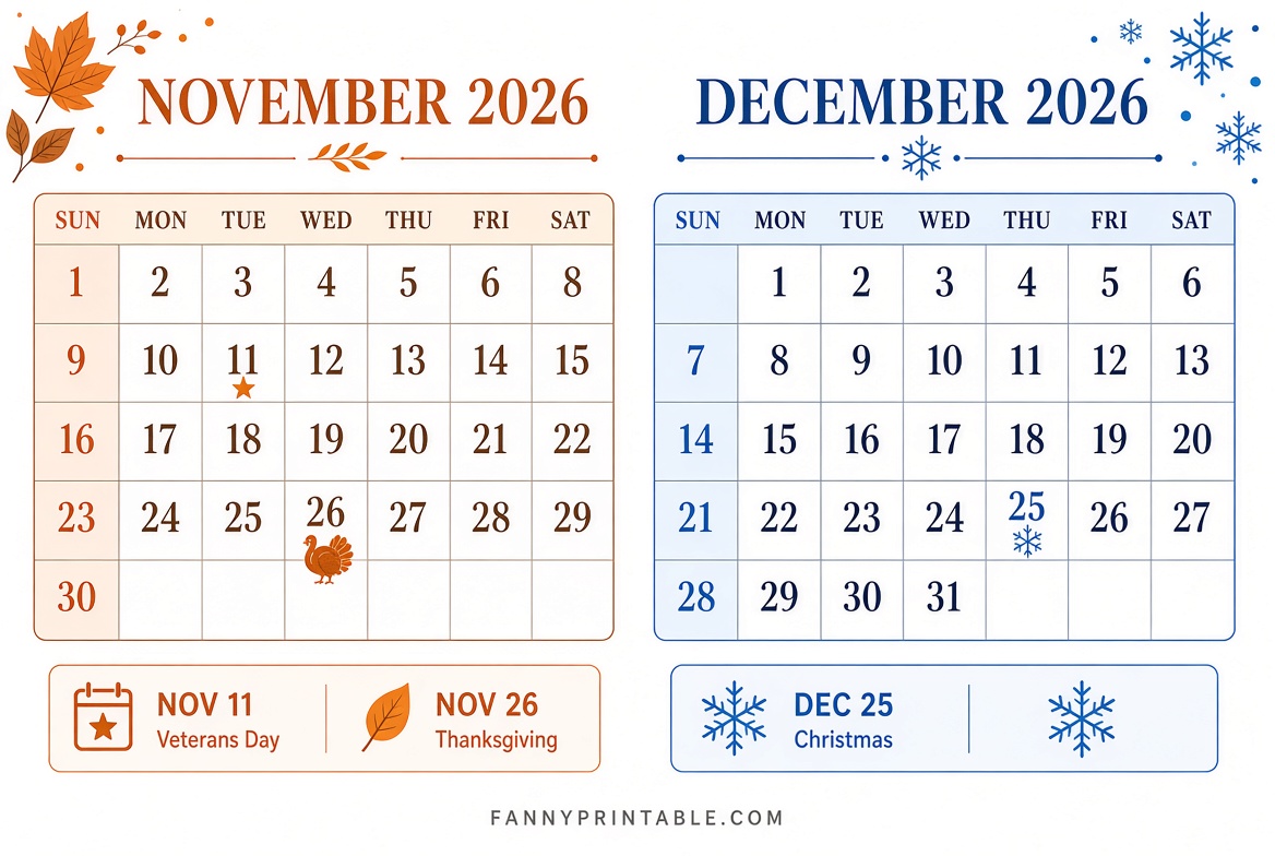 Free Nov & Dec 2026 Printable Calendar