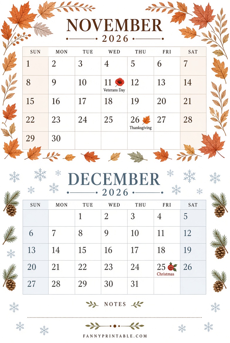 Free Nov & Dec 2026 Printable Calendar