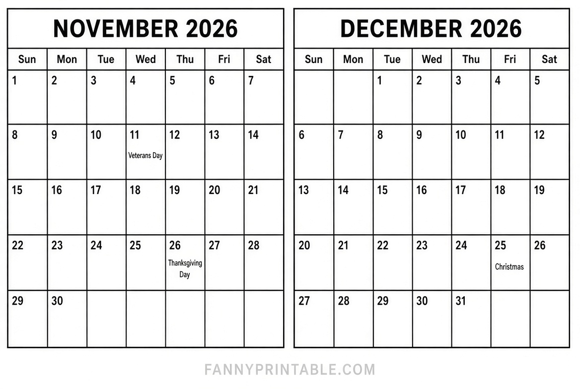 Free Nov & Dec 2026 Printable Calendar