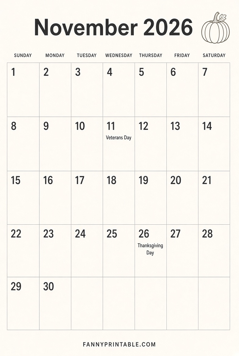 Free November 2026 Calendar Printable Guide 4 Free November 2026 Calendar Printable Guide