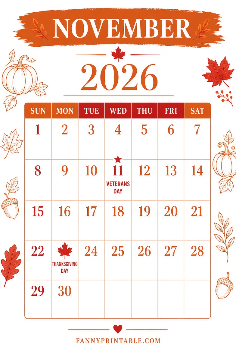 Free November 2026 Printable Calendar PDF