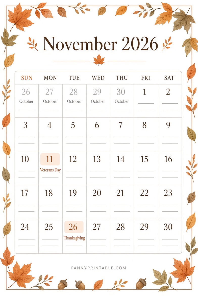 Free November 2026 Printable Calendar PDF