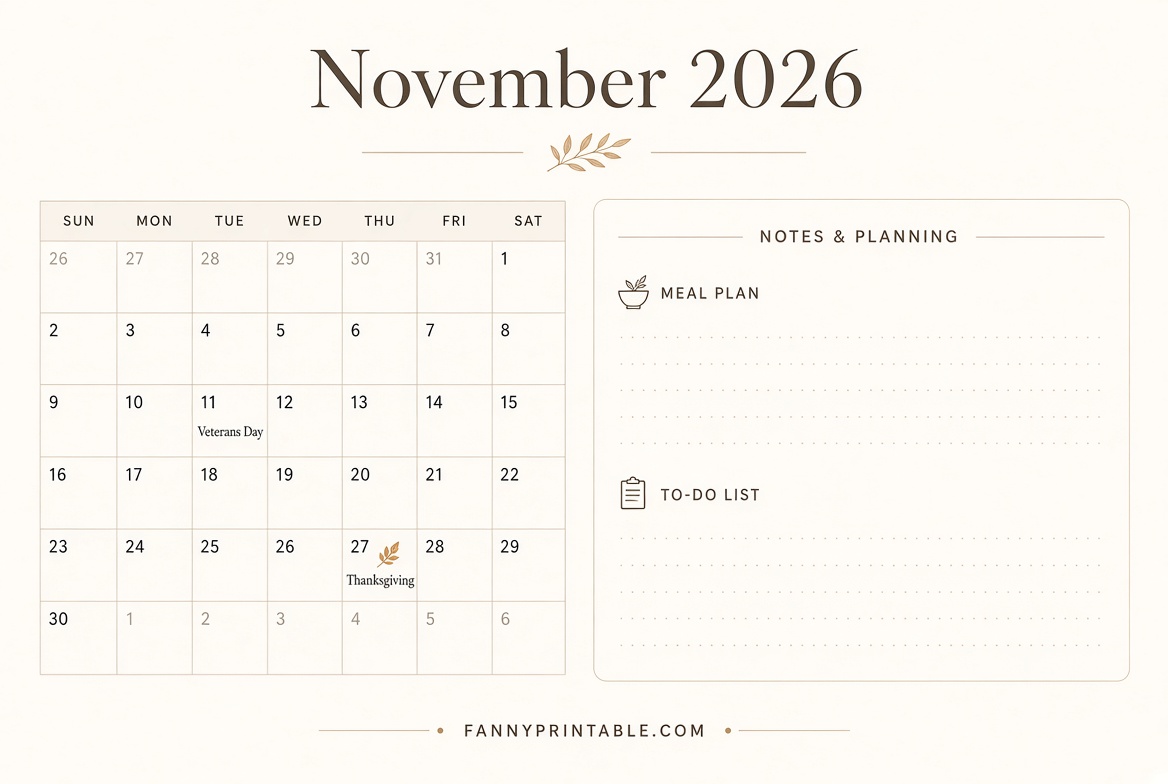 Free November 2026 Printable Calendar PDF