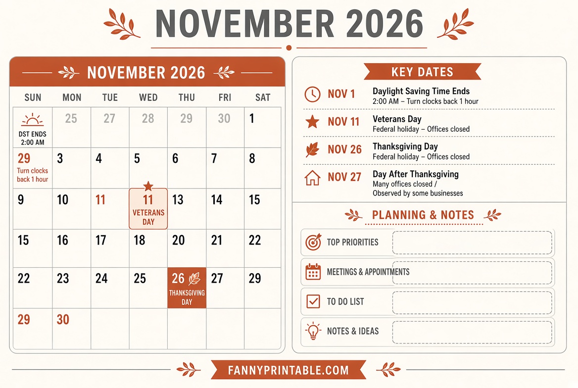 Free November 2026 Printable Calendar PDF